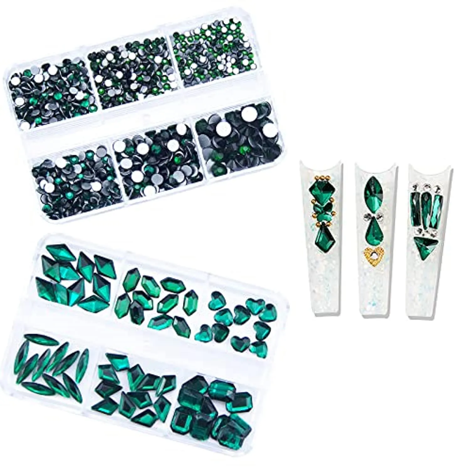 1060Pcs Emerald Green Nail Rhinestones Flatback Green Gems Crystals Glass Stones Round BeadsMulti Shapes Sizes Nail Rhinestones Charms for Nail DIY Crafts Clothes Shoes Jewelry