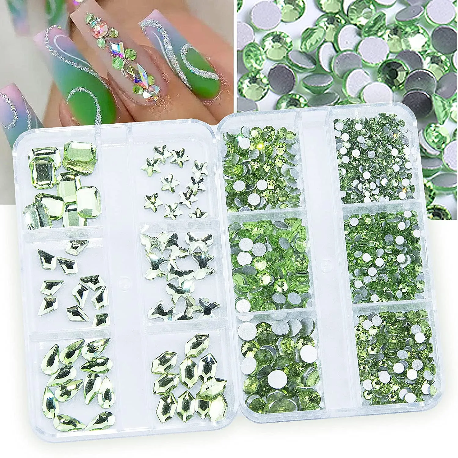 1060Pcs Emerald Green Nail Rhinestones Flatback Green Gems Crystals Glass Stones Round BeadsMulti Shapes Sizes Nail Rhinestones Charms for Nail DIY Crafts Clothes Shoes Jewelry