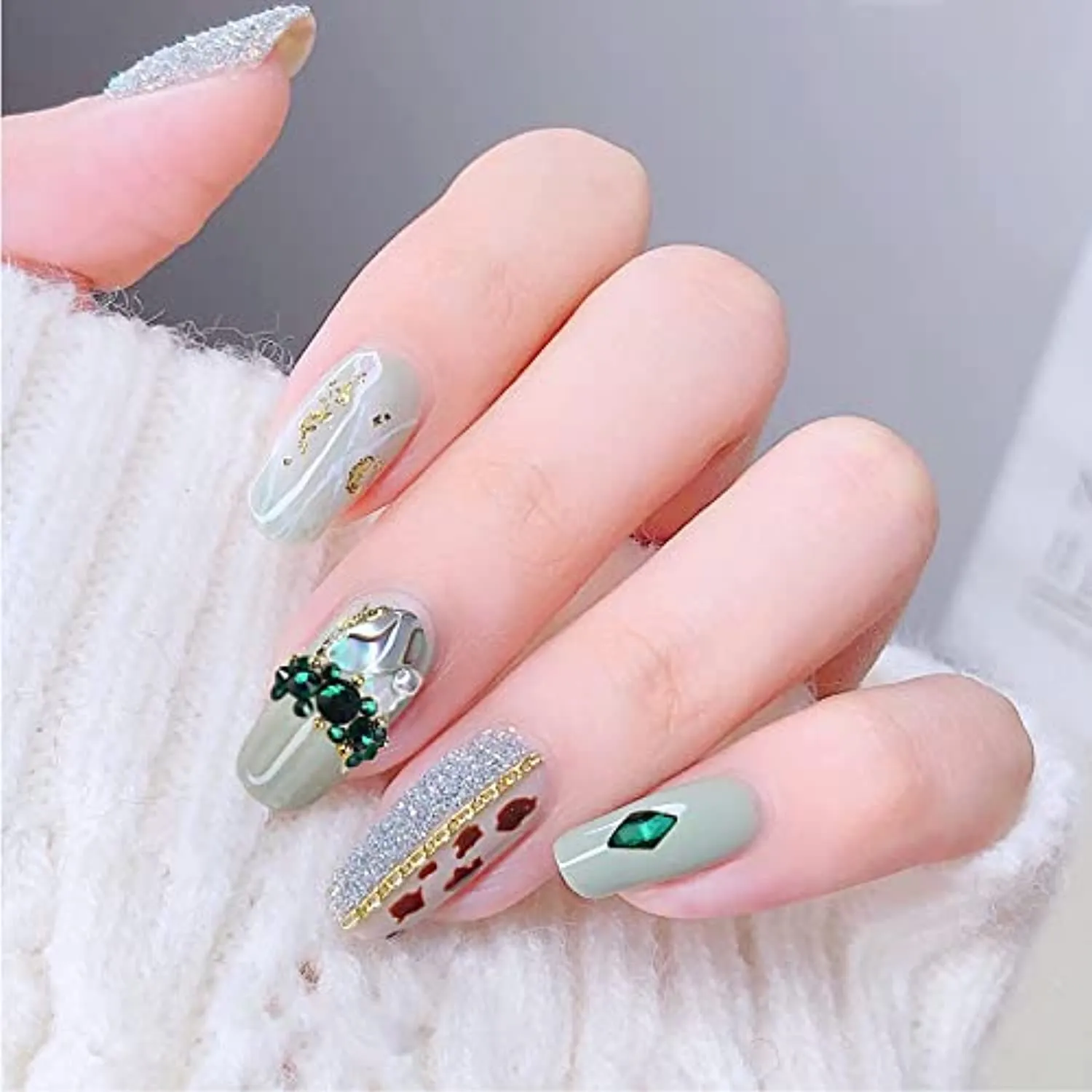 1060Pcs Emerald Green Nail Rhinestones Flatback Green Gems Crystals Glass Stones Round BeadsMulti Shapes Sizes Nail Rhinestones Charms for Nail DIY Crafts Clothes Shoes Jewelry