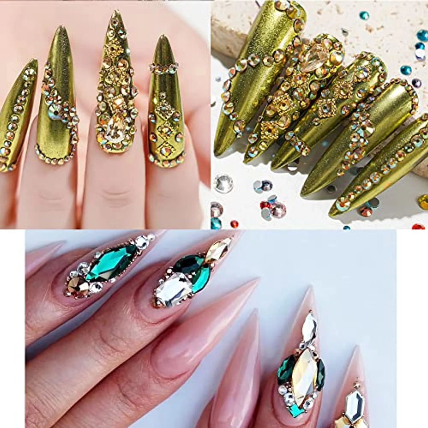 1720Pcs Emerald Green Gold Champagne Nail Rhinestones Crystals Glass Gems Stones Multi Shapes Sizes Green Gold Round Beads Flatback Rhinestones for Nail DIY Crafts Clothes Shoes Jewelry