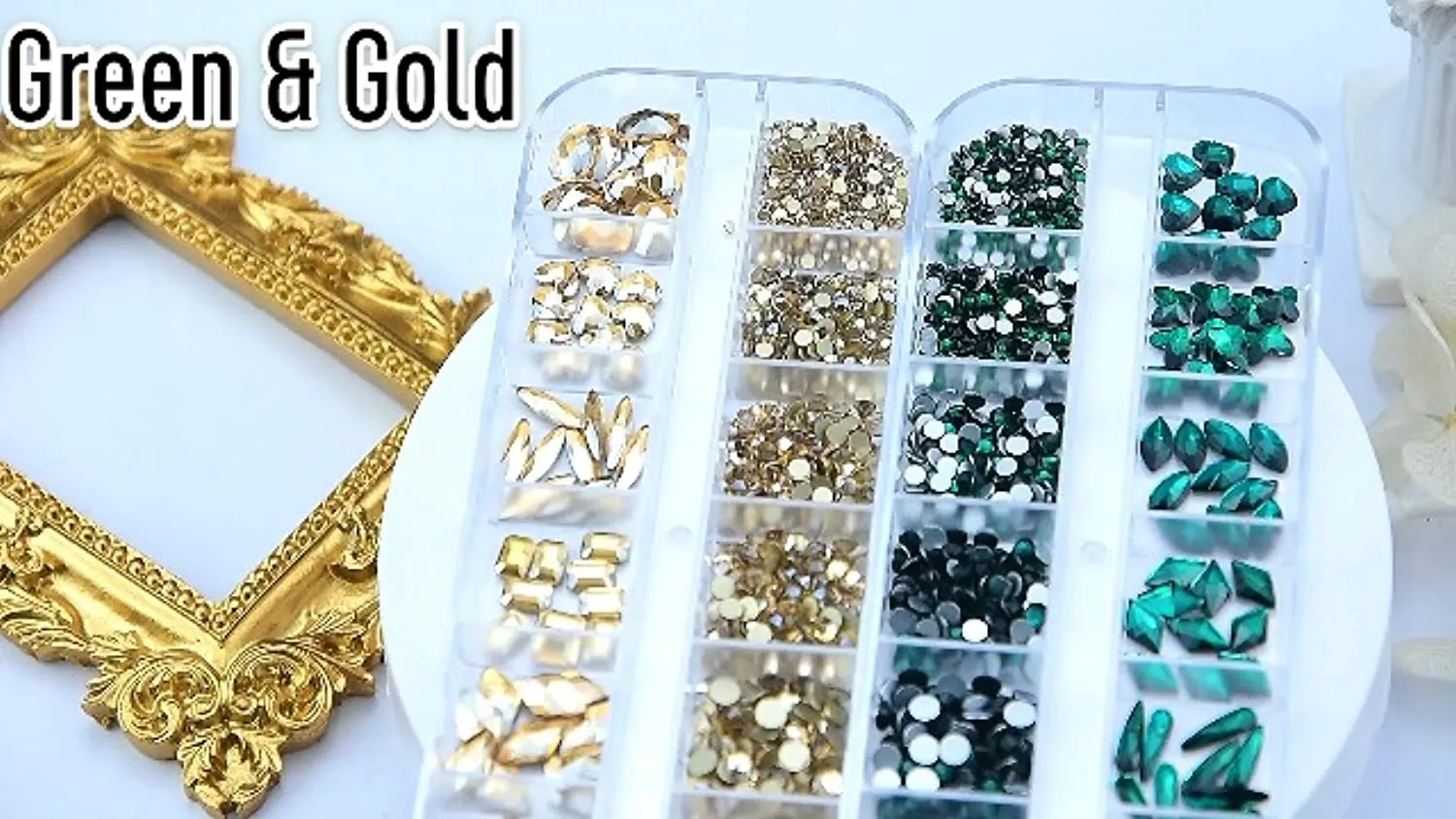1720Pcs Emerald Green Gold Champagne Nail Rhinestones Crystals Glass Gems Stones Multi Shapes Sizes Green Gold Round Beads Flatback Rhinestones for Nail DIY Crafts Clothes Shoes Jewelry