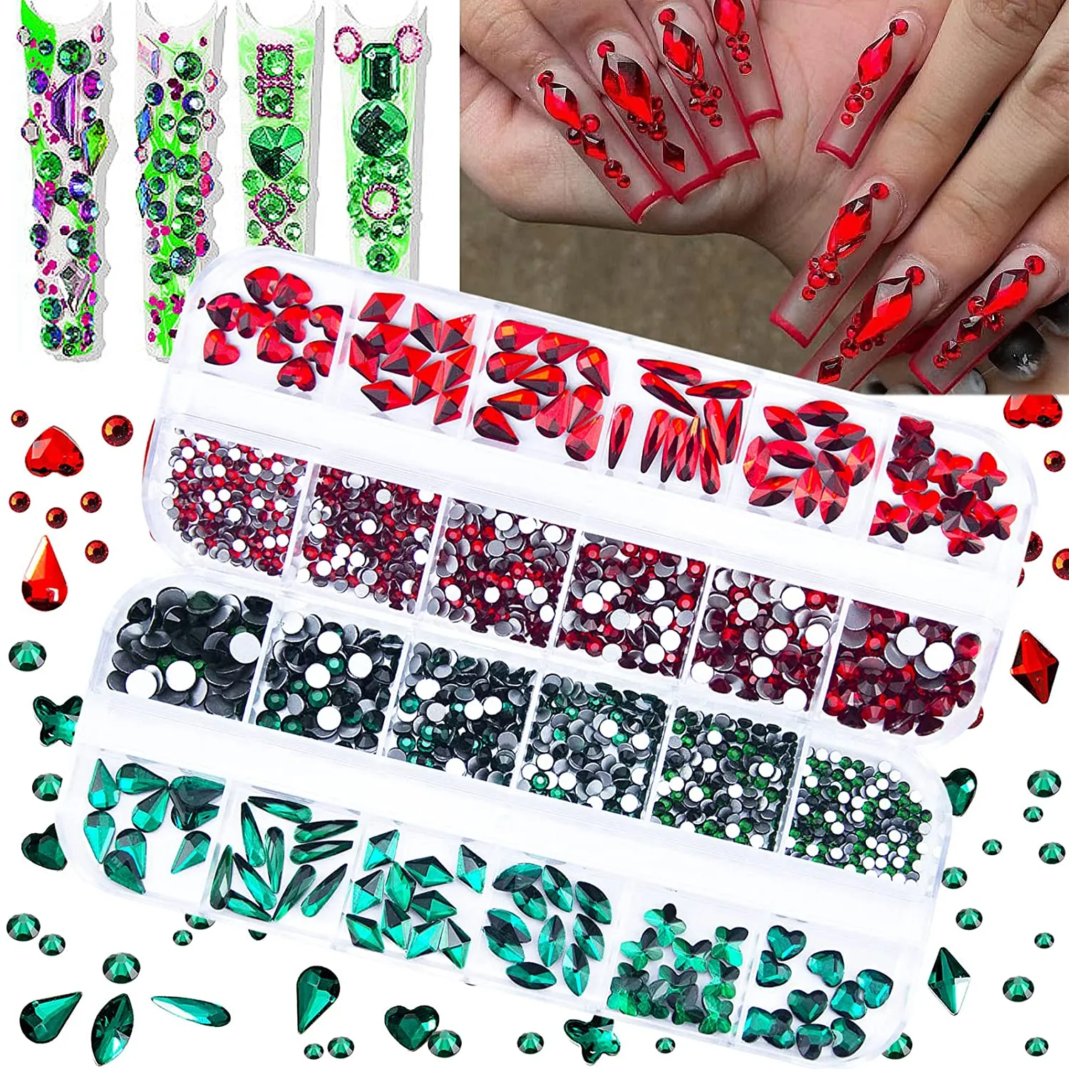 1720Pcs Emerald Green Gold Champagne Nail Rhinestones Crystals Glass Gems Stones Multi Shapes Sizes Green Gold Round Beads Flatback Rhinestones for Nail DIY Crafts Clothes Shoes Jewelry
