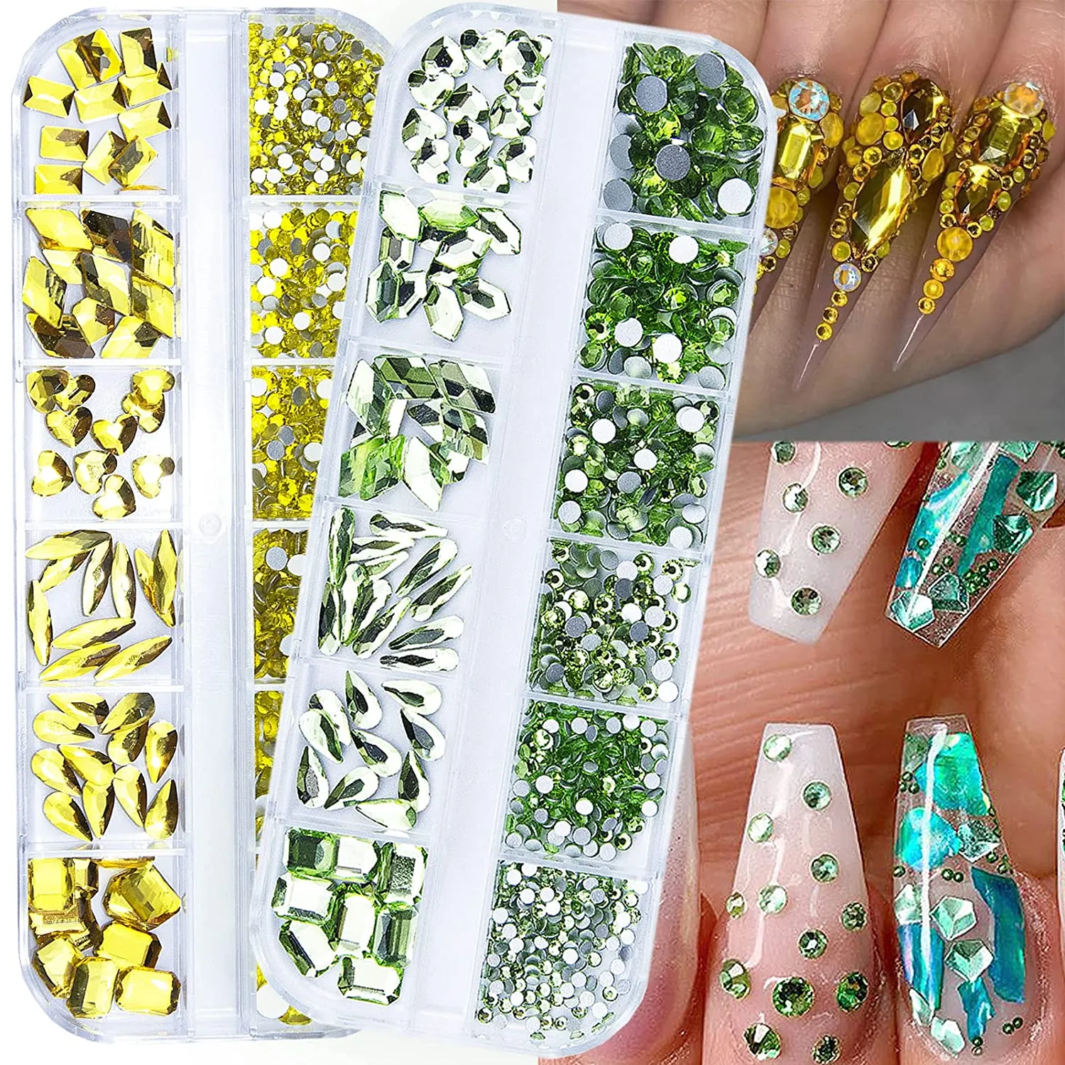 1720Pcs Emerald Green Gold Champagne Nail Rhinestones Crystals Glass Gems Stones Multi Shapes Sizes Green Gold Round Beads Flatback Rhinestones for Nail DIY Crafts Clothes Shoes Jewelry