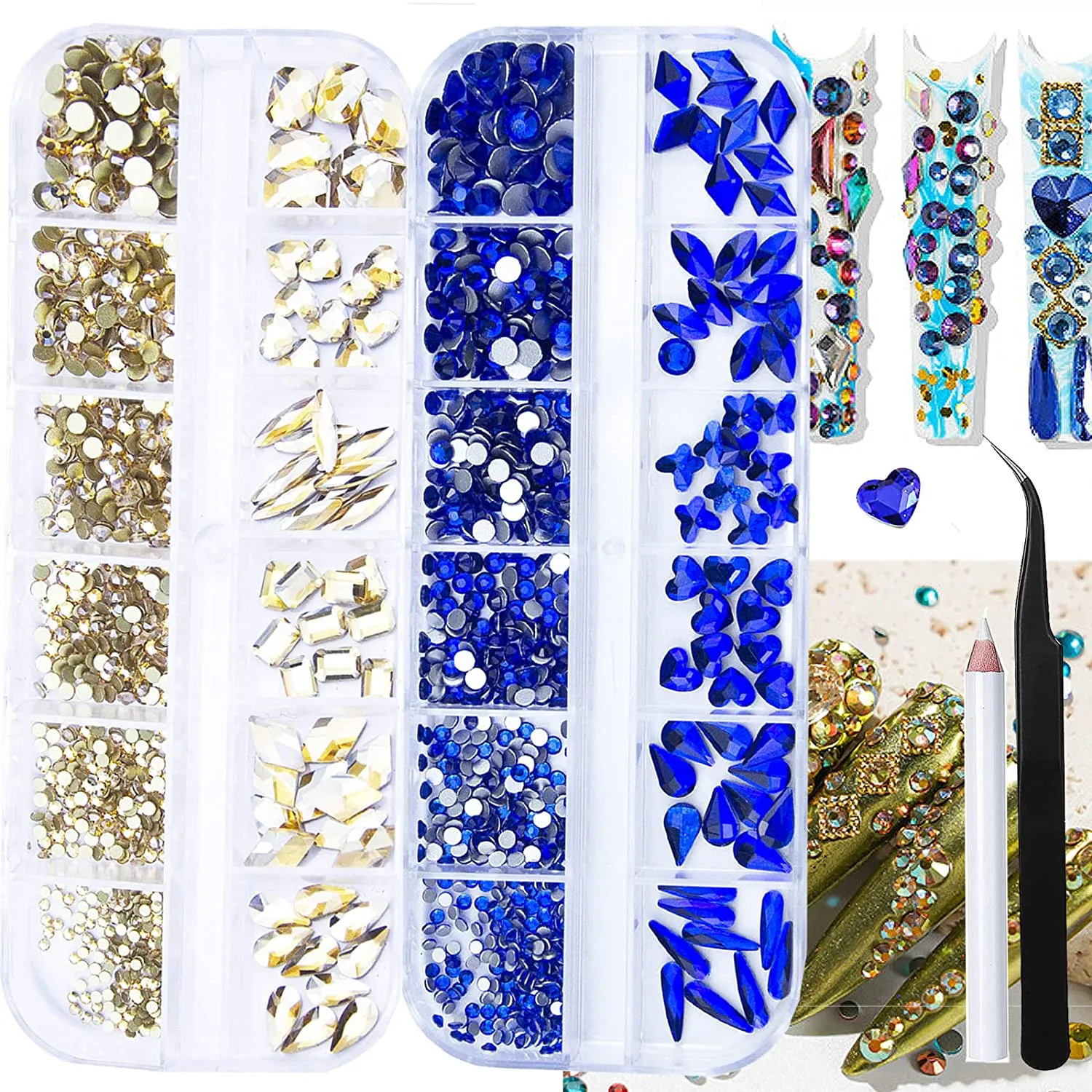 1720Pcs Emerald Green Gold Champagne Nail Rhinestones Crystals Glass Gems Stones Multi Shapes Sizes Green Gold Round Beads Flatback Rhinestones for Nail DIY Crafts Clothes Shoes Jewelry