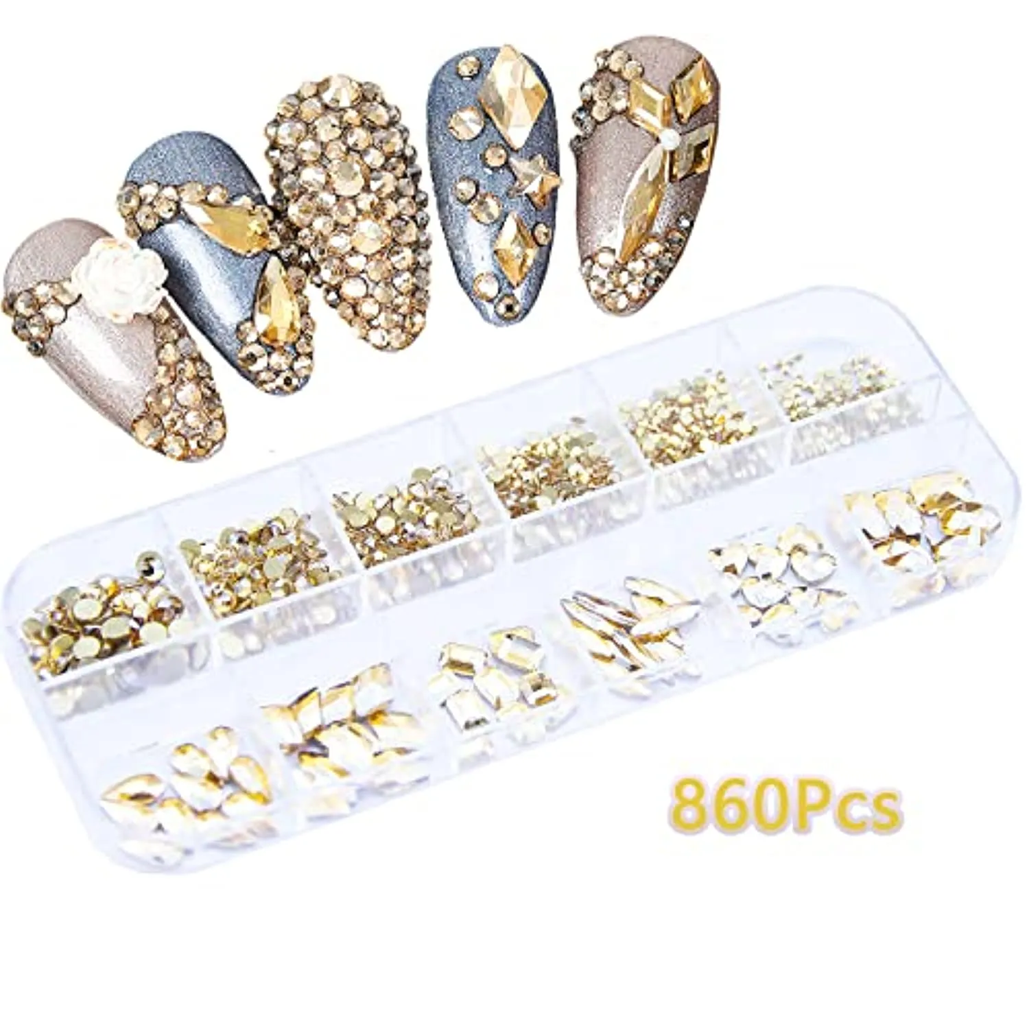 1720Pcs Emerald Green Gold Champagne Nail Rhinestones Crystals Glass Gems Stones Multi Shapes Sizes Green Gold Round Beads Flatback Rhinestones for Nail DIY Crafts Clothes Shoes Jewelry