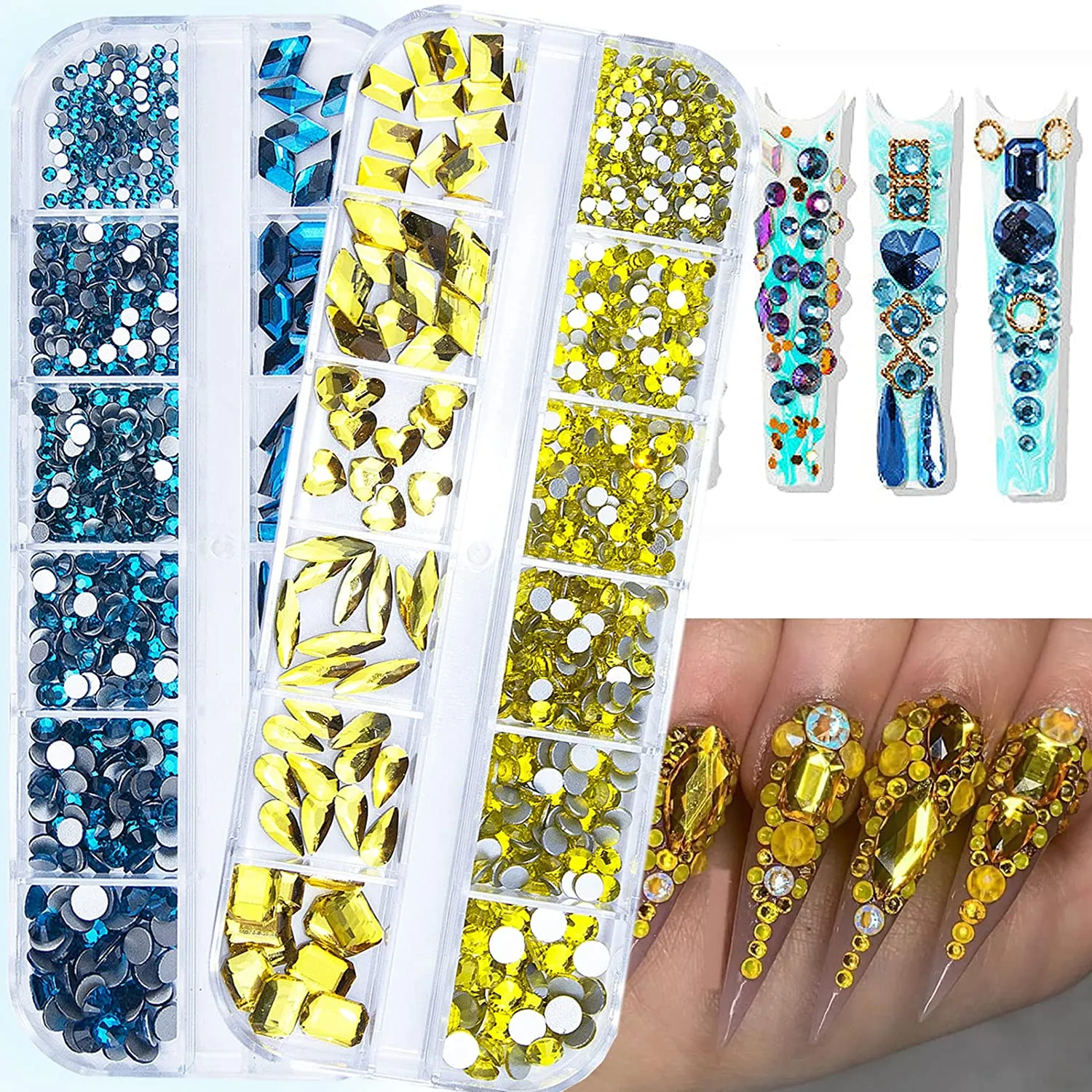 1720Pcs Emerald Green Gold Champagne Nail Rhinestones Crystals Glass Gems Stones Multi Shapes Sizes Green Gold Round Beads Flatback Rhinestones for Nail DIY Crafts Clothes Shoes Jewelry