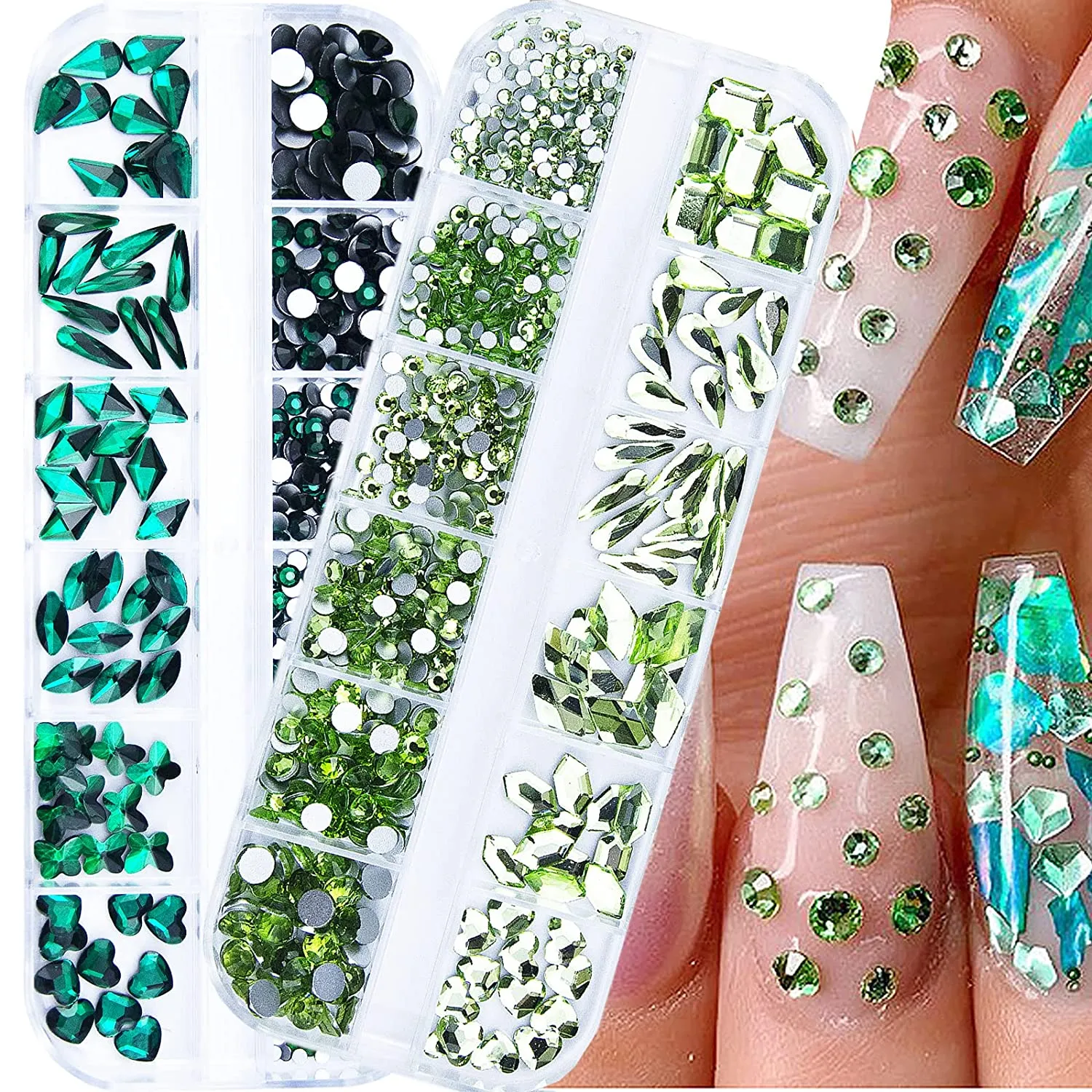 1720Pcs Emerald Green Gold Champagne Nail Rhinestones Crystals Glass Gems Stones Multi Shapes Sizes Green Gold Round Beads Flatback Rhinestones for Nail DIY Crafts Clothes Shoes Jewelry