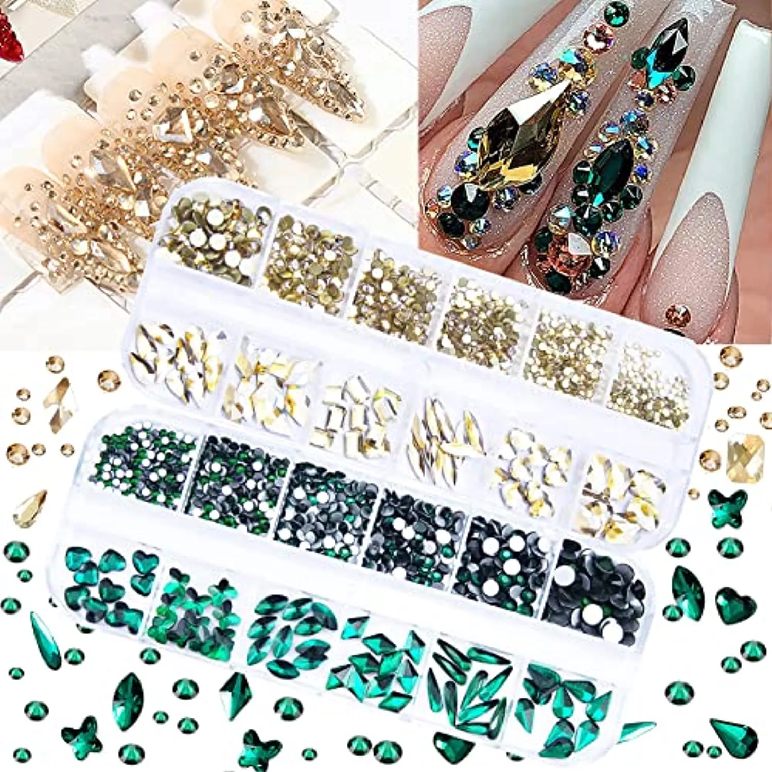 1720Pcs Emerald Green Gold Champagne Nail Rhinestones Crystals Glass Gems Stones Multi Shapes Sizes Green Gold Round Beads Flatback Rhinestones for Nail DIY Crafts Clothes Shoes Jewelry