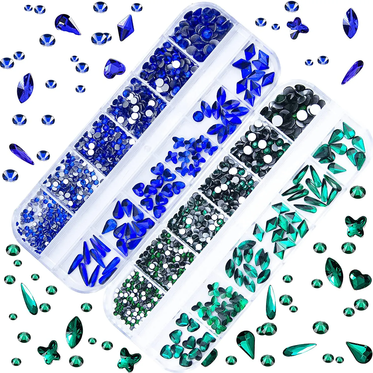 1720Pcs Emerald Green Gold Champagne Nail Rhinestones Crystals Glass Gems Stones Multi Shapes Sizes Green Gold Round Beads Flatback Rhinestones for Nail DIY Crafts Clothes Shoes Jewelry