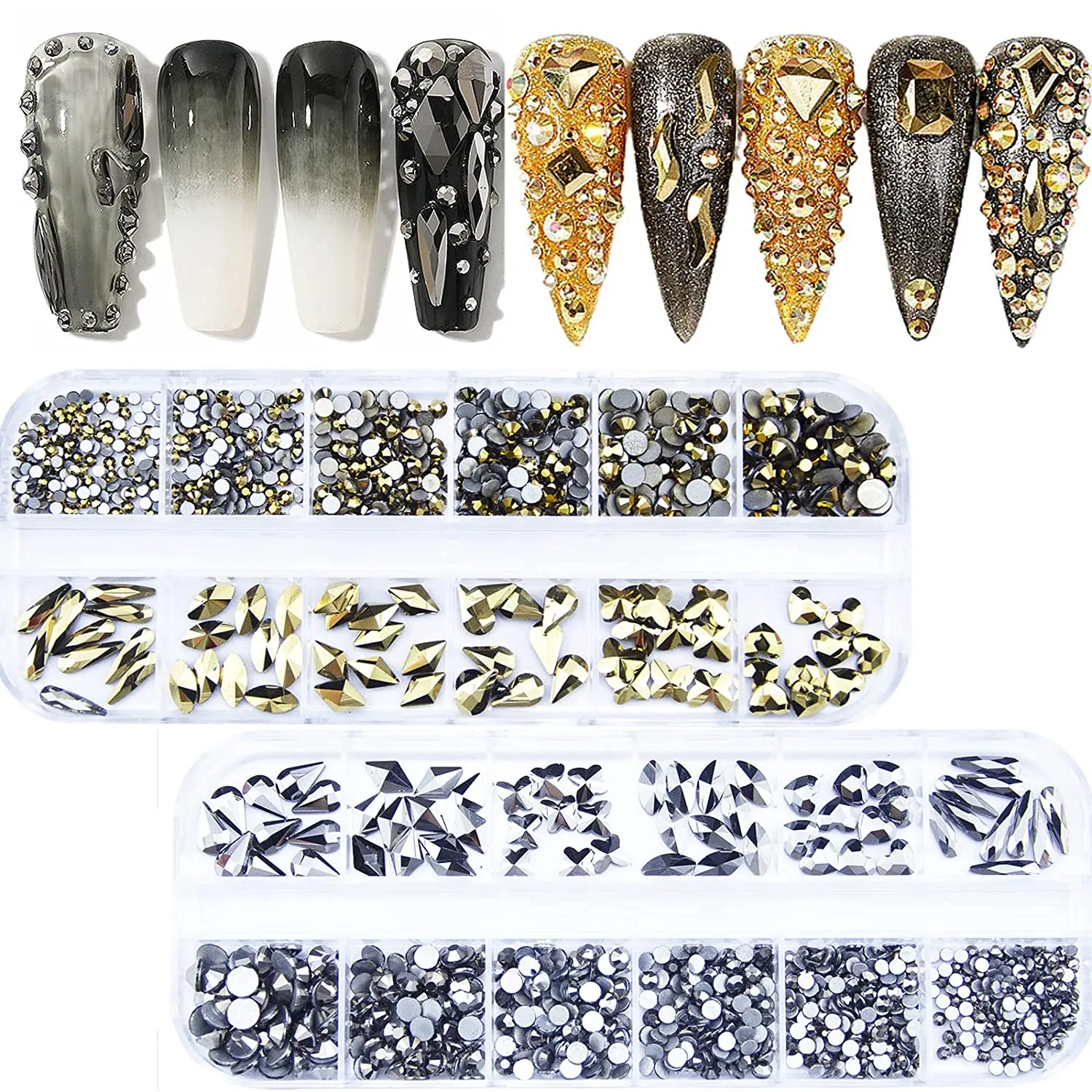1720Pcs Emerald Green Gold Champagne Nail Rhinestones Crystals Glass Gems Stones Multi Shapes Sizes Green Gold Round Beads Flatback Rhinestones for Nail DIY Crafts Clothes Shoes Jewelry