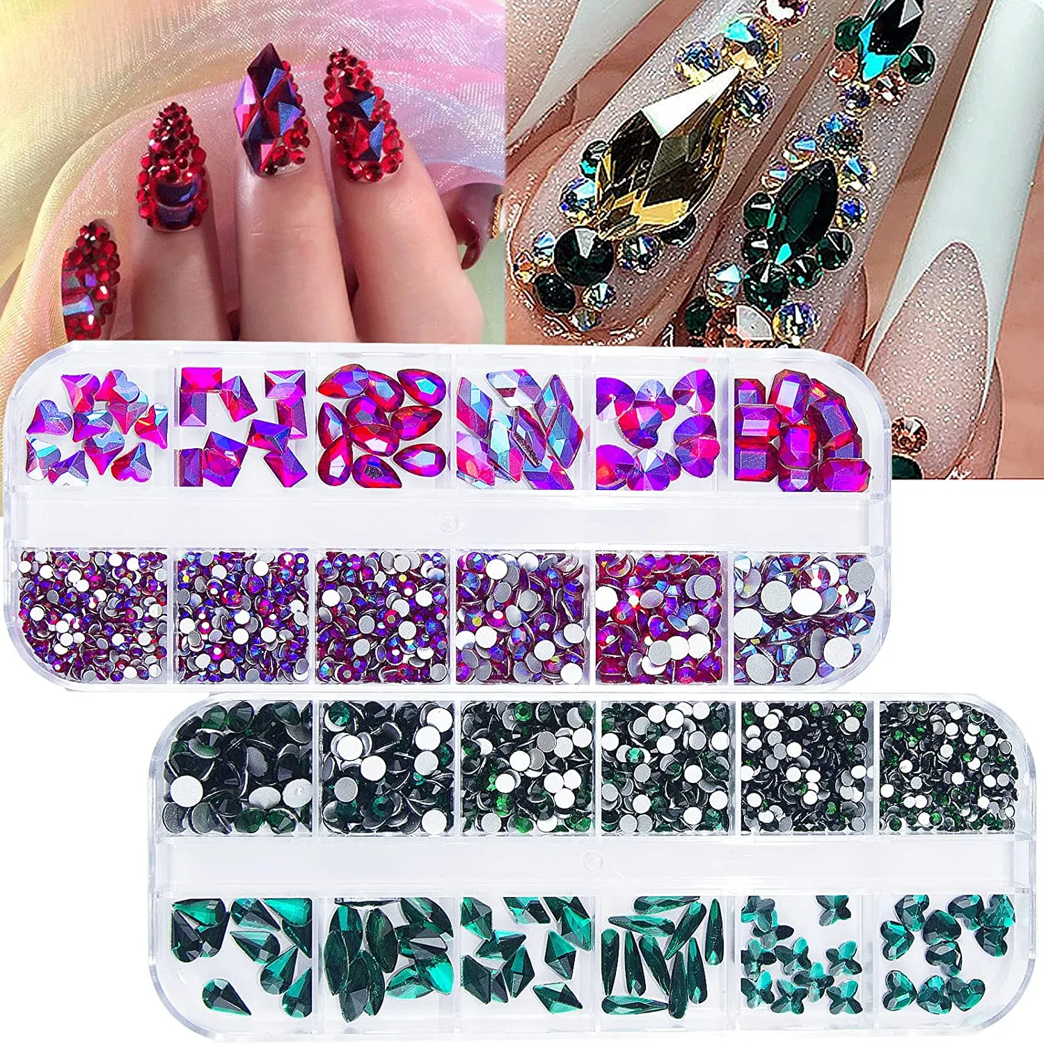 1720Pcs Emerald Green Gold Champagne Nail Rhinestones Crystals Glass Gems Stones Multi Shapes Sizes Green Gold Round Beads Flatback Rhinestones for Nail DIY Crafts Clothes Shoes Jewelry
