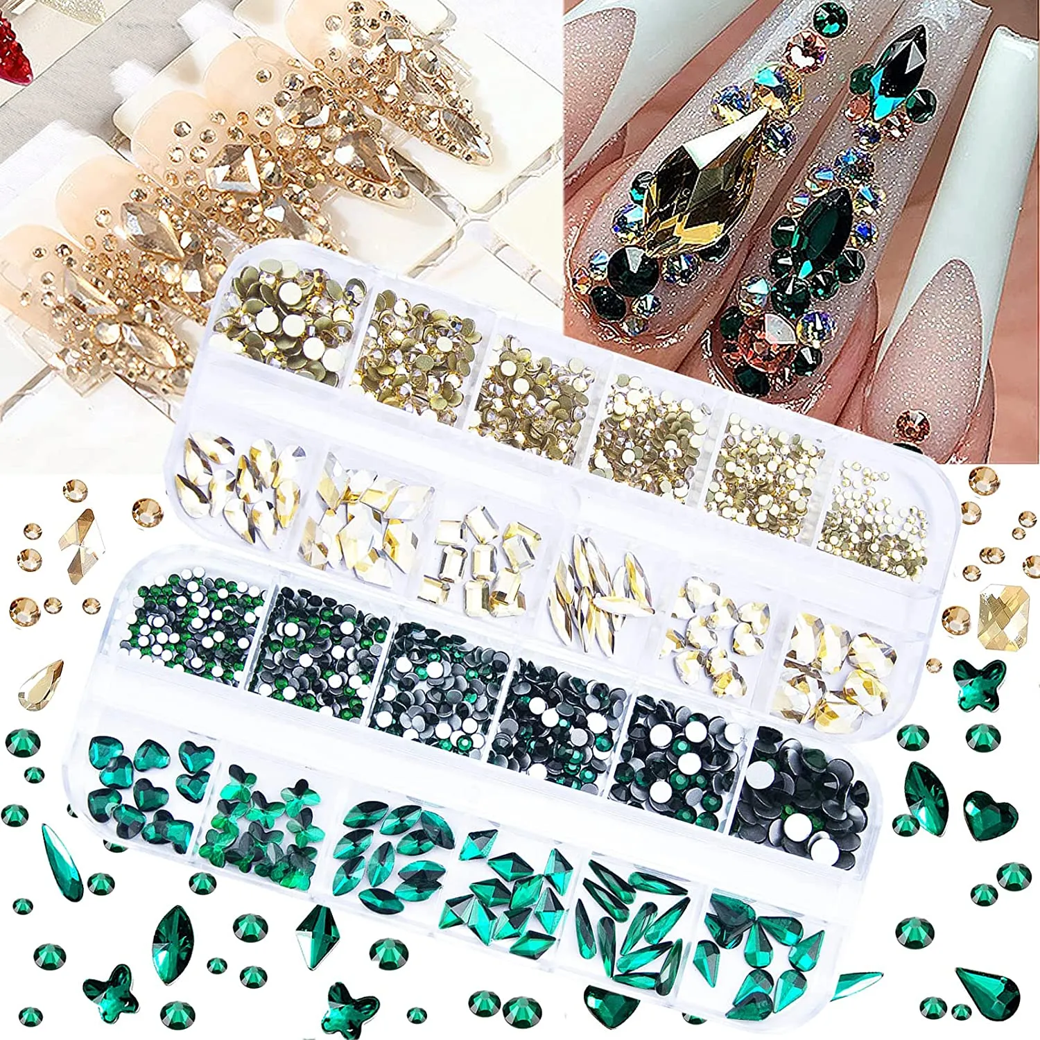 1720Pcs Emerald Green Gold Champagne Nail Rhinestones Crystals Glass Gems Stones Multi Shapes Sizes Green Gold Round Beads Flatback Rhinestones for Nail DIY Crafts Clothes Shoes Jewelry