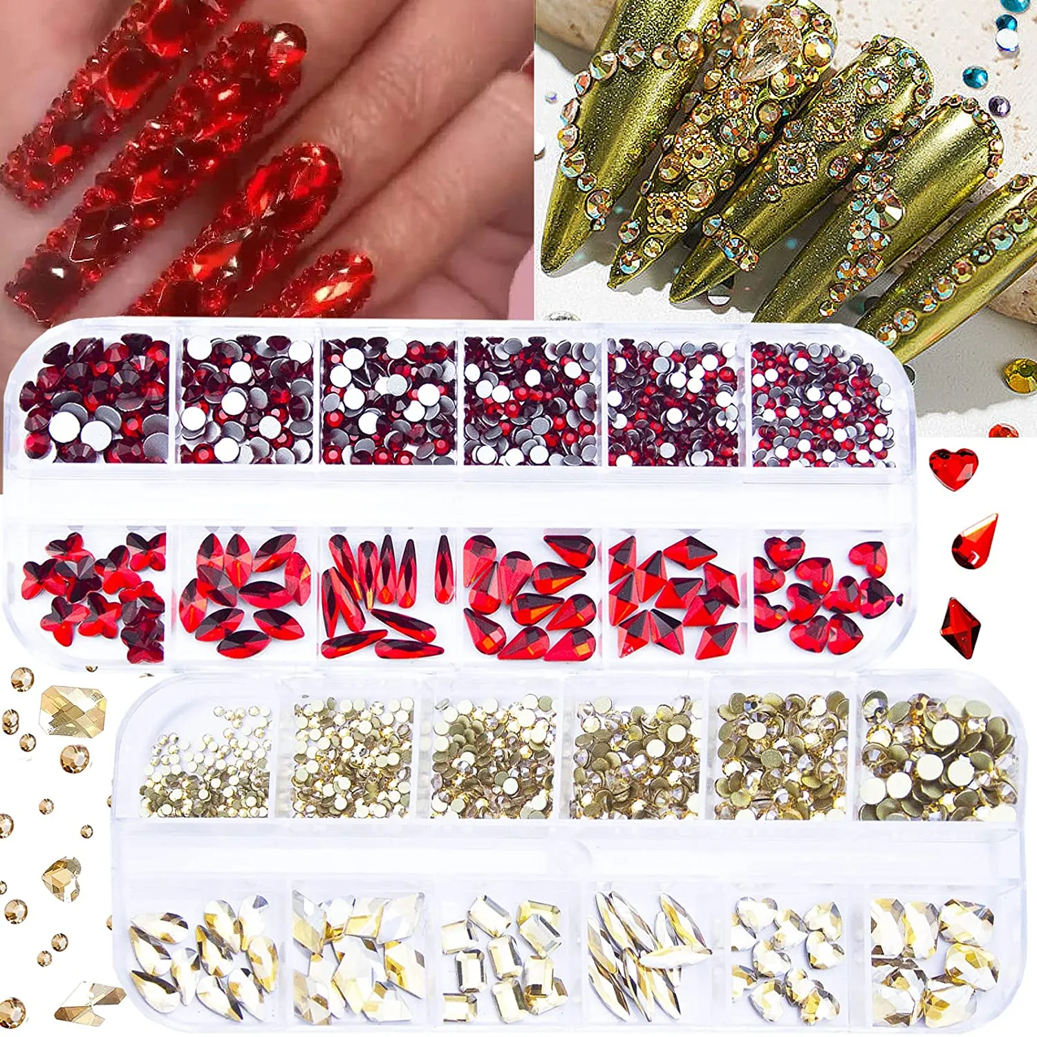 1720Pcs Emerald Green Gold Champagne Nail Rhinestones Crystals Glass Gems Stones Multi Shapes Sizes Green Gold Round Beads Flatback Rhinestones for Nail DIY Crafts Clothes Shoes Jewelry