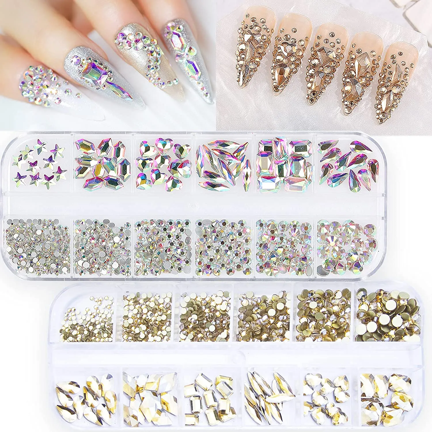 1720Pcs Emerald Green Gold Champagne Nail Rhinestones Crystals Glass Gems Stones Multi Shapes Sizes Green Gold Round Beads Flatback Rhinestones for Nail DIY Crafts Clothes Shoes Jewelry