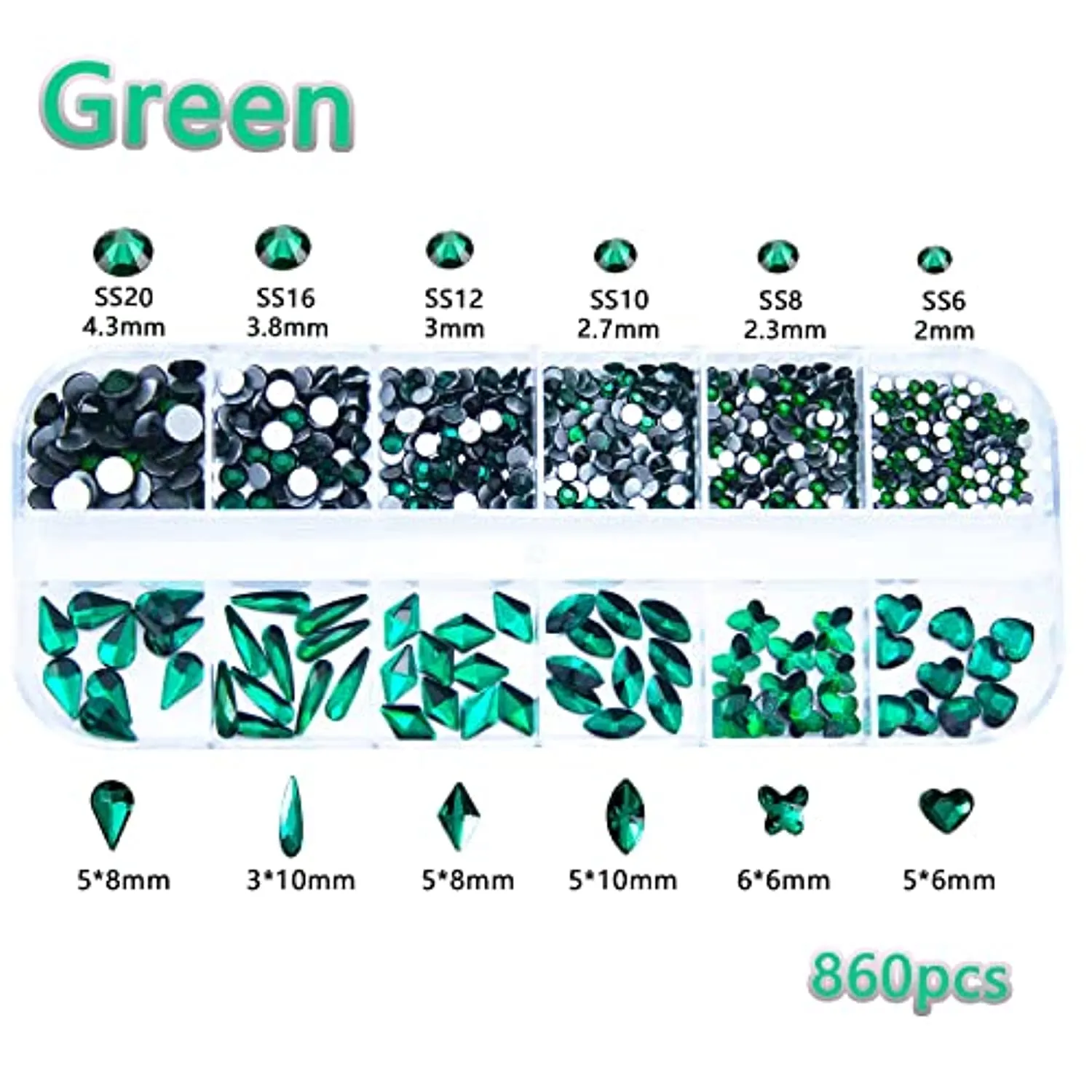1720Pcs Emerald Green Gold Champagne Nail Rhinestones Crystals Glass Gems Stones Multi Shapes Sizes Green Gold Round Beads Flatback Rhinestones for Nail DIY Crafts Clothes Shoes Jewelry