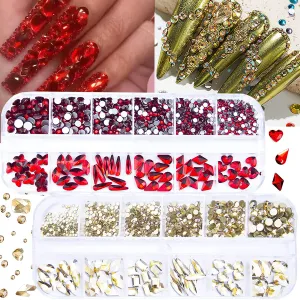 1720Pcs Emerald Green Gold Champagne Nail Rhinestones Crystals Glass Gems Stones Multi Shapes Sizes Green Gold Round Beads Flatback Rhinestones for Nail DIY Crafts Clothes Shoes Jewelry