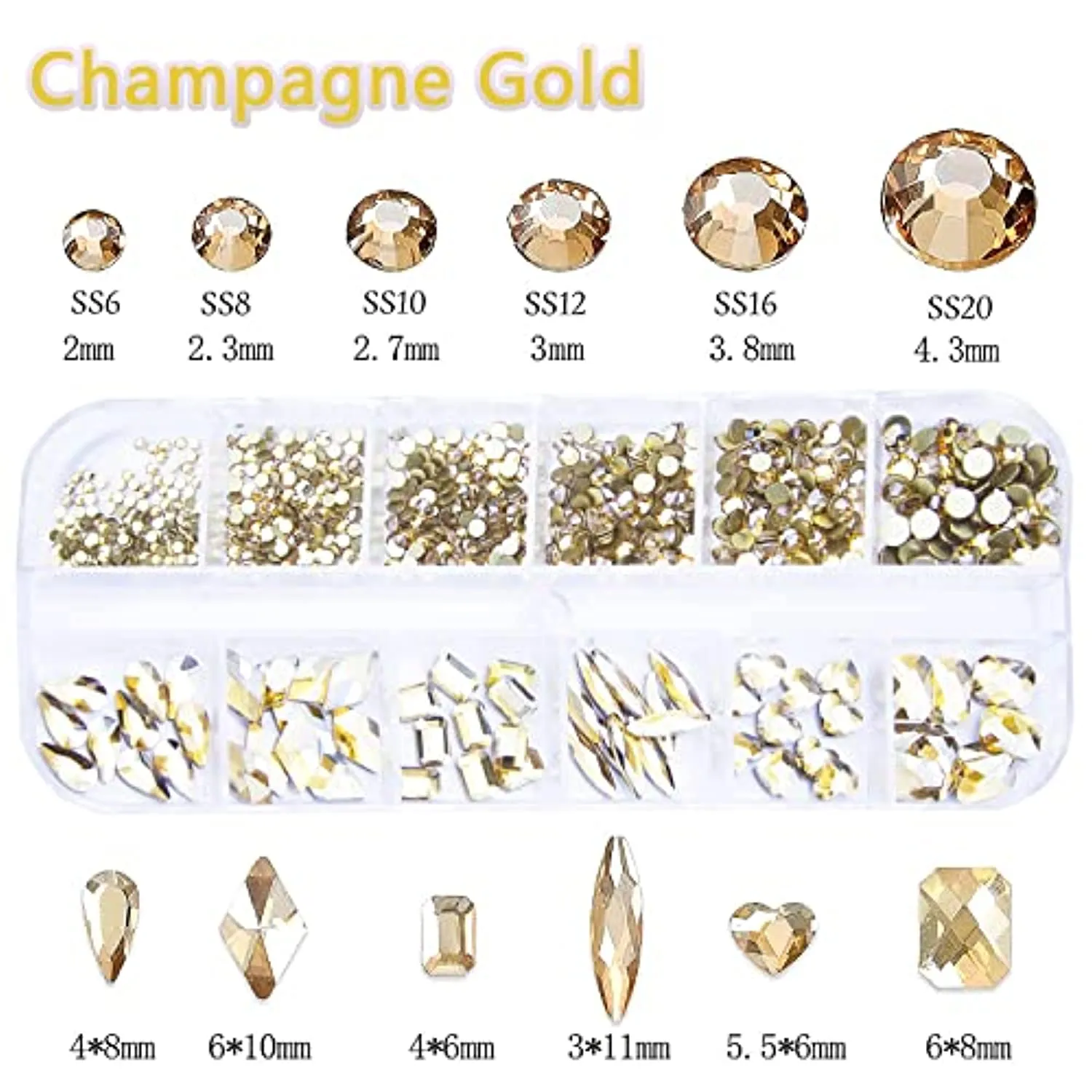1720Pcs Emerald Green Gold Champagne Nail Rhinestones Crystals Glass Gems Stones Multi Shapes Sizes Green Gold Round Beads Flatback Rhinestones for Nail DIY Crafts Clothes Shoes Jewelry