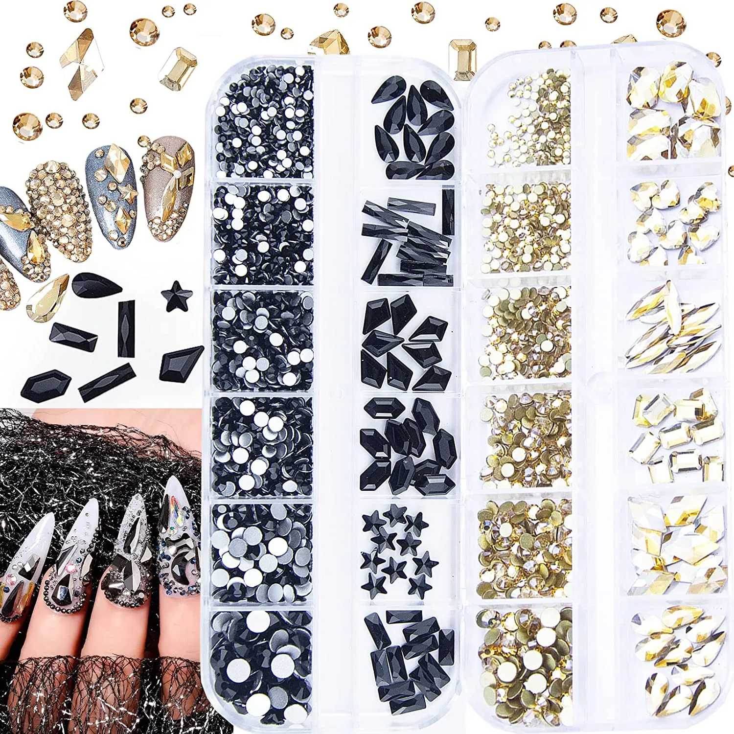 1720Pcs Emerald Green Gold Champagne Nail Rhinestones Crystals Glass Gems Stones Multi Shapes Sizes Green Gold Round Beads Flatback Rhinestones for Nail DIY Crafts Clothes Shoes Jewelry