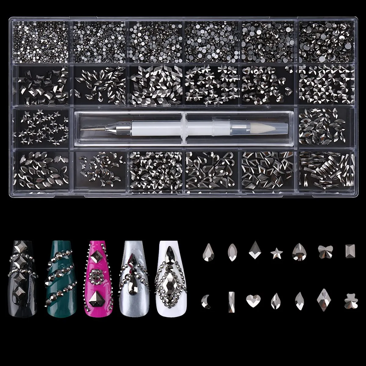 1848 pcs AB Crystal Nail Art Set 1728pcs Rhinestones Nail Gems Iridescent Clear Class,120pcs Multi-Shape Flat Back Shiny Nail Jewels for Nail Art DIY Crafts