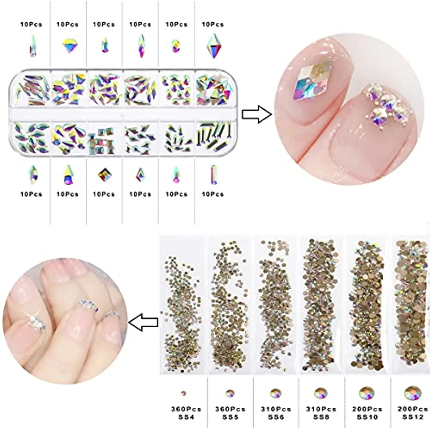 1848 pcs AB Crystal Nail Art Set 1728pcs Rhinestones Nail Gems Iridescent Clear Class,120pcs Multi-Shape Flat Back Shiny Nail Jewels for Nail Art DIY Crafts