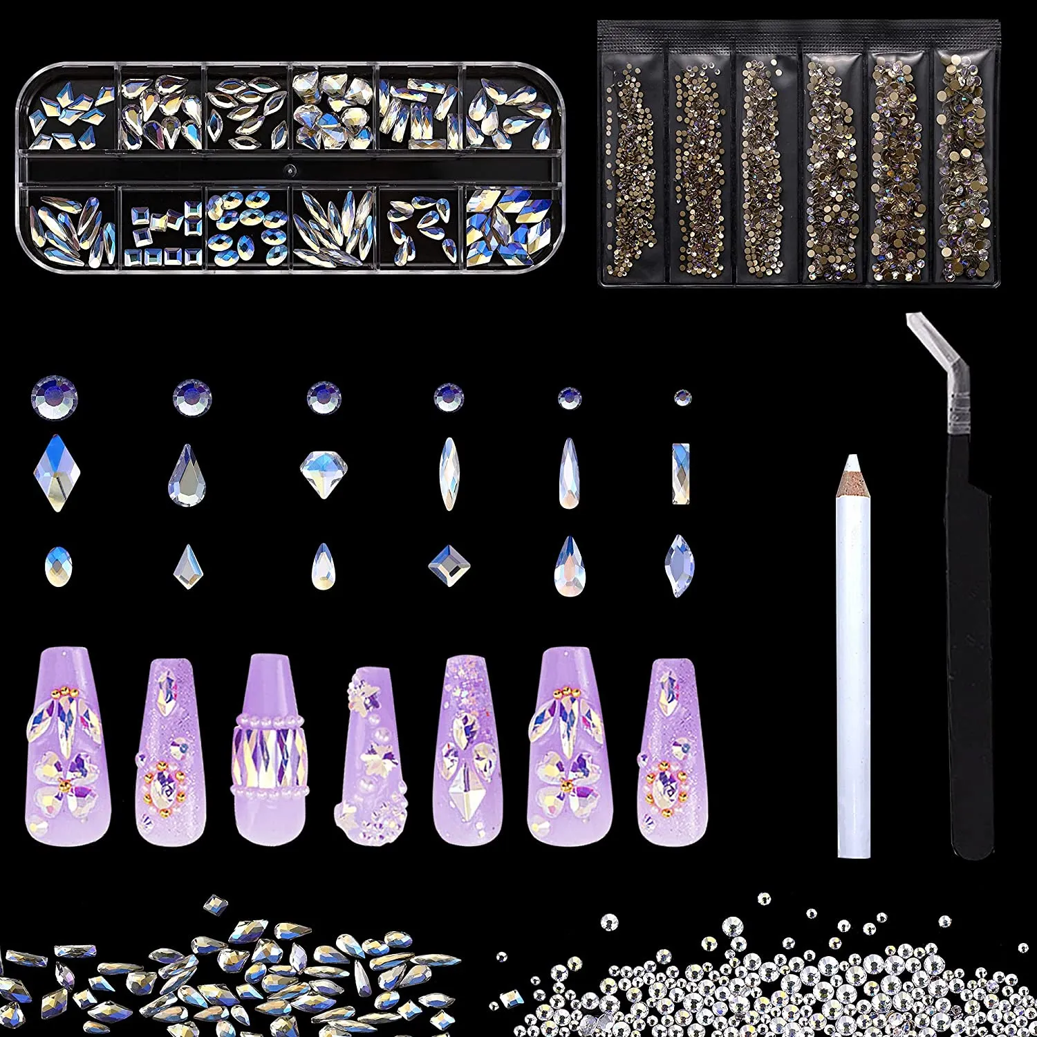 1848 pcs AB Crystal Nail Art Set 1728pcs Rhinestones Nail Gems Iridescent Clear Class,120pcs Multi-Shape Flat Back Shiny Nail Jewels for Nail Art DIY Crafts