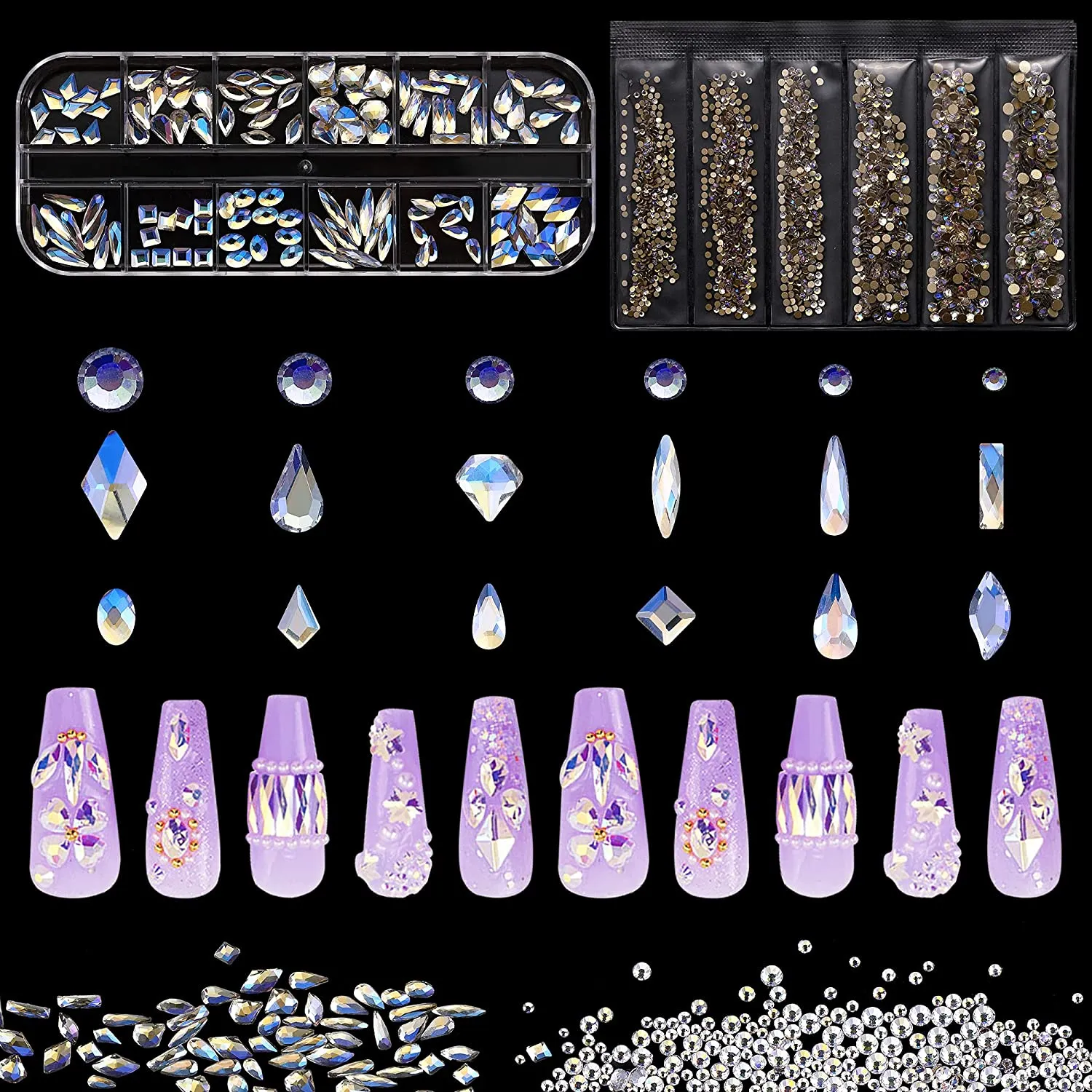 1848 pcs AB Crystal Nail Art Set 1728pcs Rhinestones Nail Gems Iridescent Clear Class,120pcs Multi-Shape Flat Back Shiny Nail Jewels for Nail Art DIY Crafts