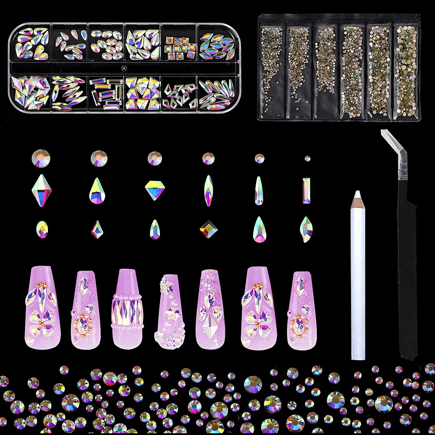 1848 pcs AB Crystal Nail Art Set 1728pcs Rhinestones Nail Gems Iridescent Clear Class,120pcs Multi-Shape Flat Back Shiny Nail Jewels for Nail Art DIY Crafts