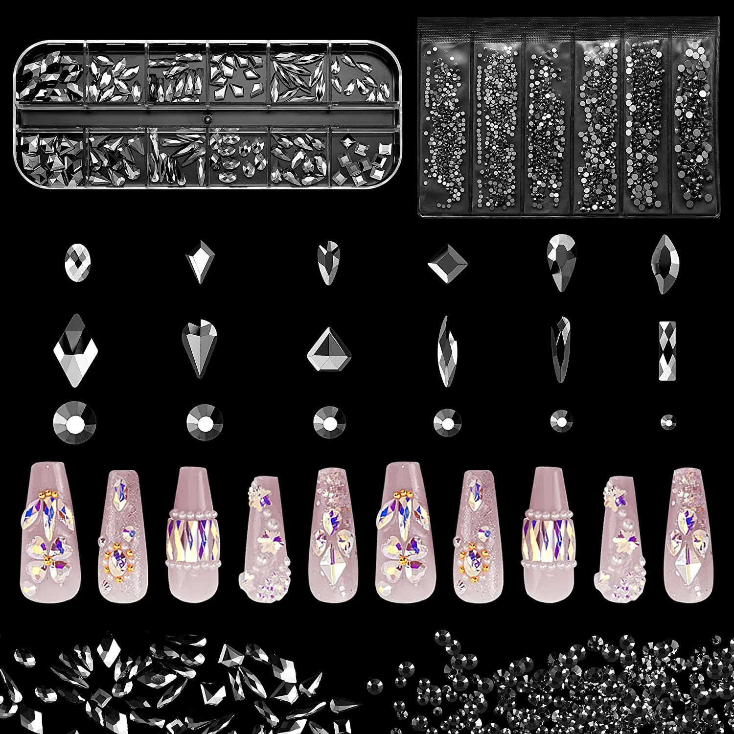 1848 pcs AB Crystal Nail Art Set 1728pcs Rhinestones Nail Gems Iridescent Clear Class,120pcs Multi-Shape Flat Back Shiny Nail Jewels for Nail Art DIY Crafts