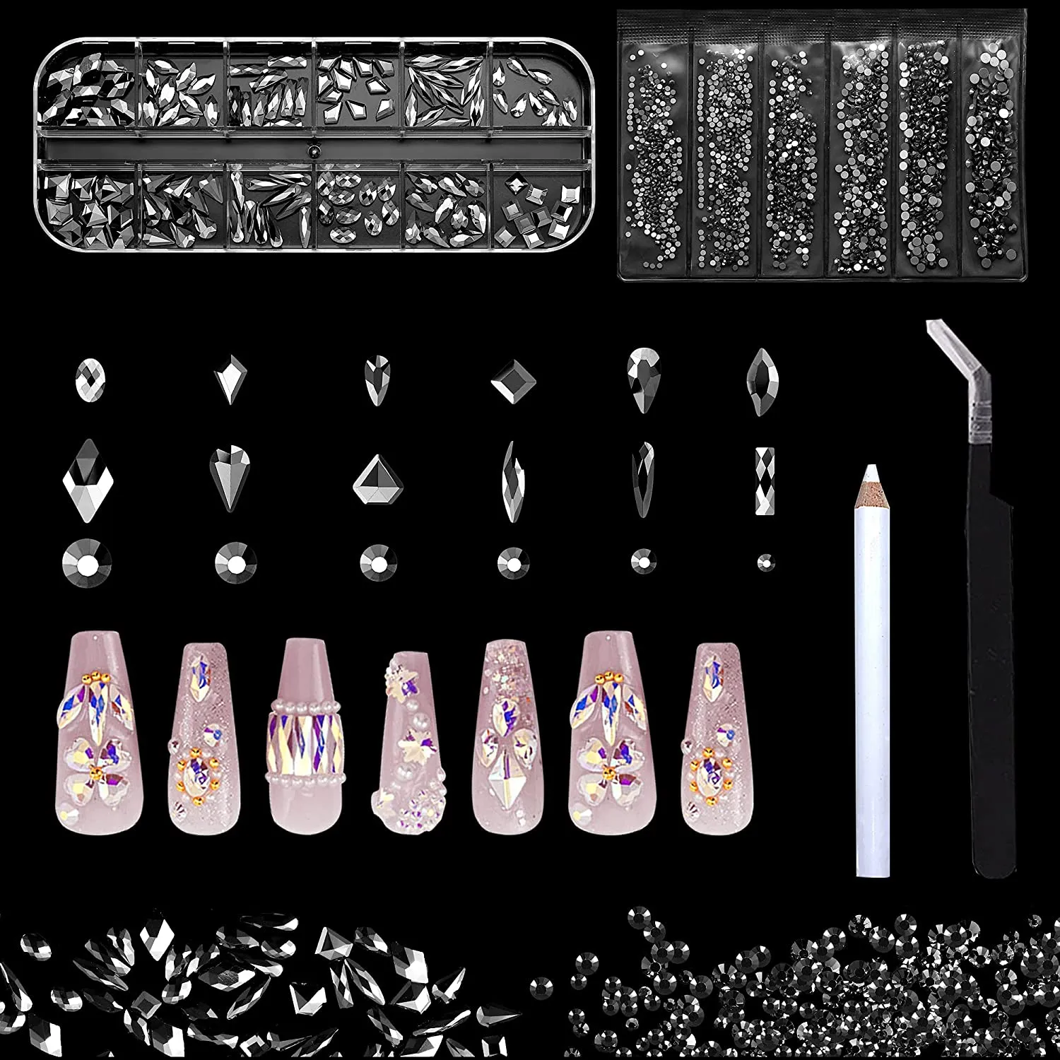 1848 pcs AB Crystal Nail Art Set 1728pcs Rhinestones Nail Gems Iridescent Clear Class,120pcs Multi-Shape Flat Back Shiny Nail Jewels for Nail Art DIY Crafts