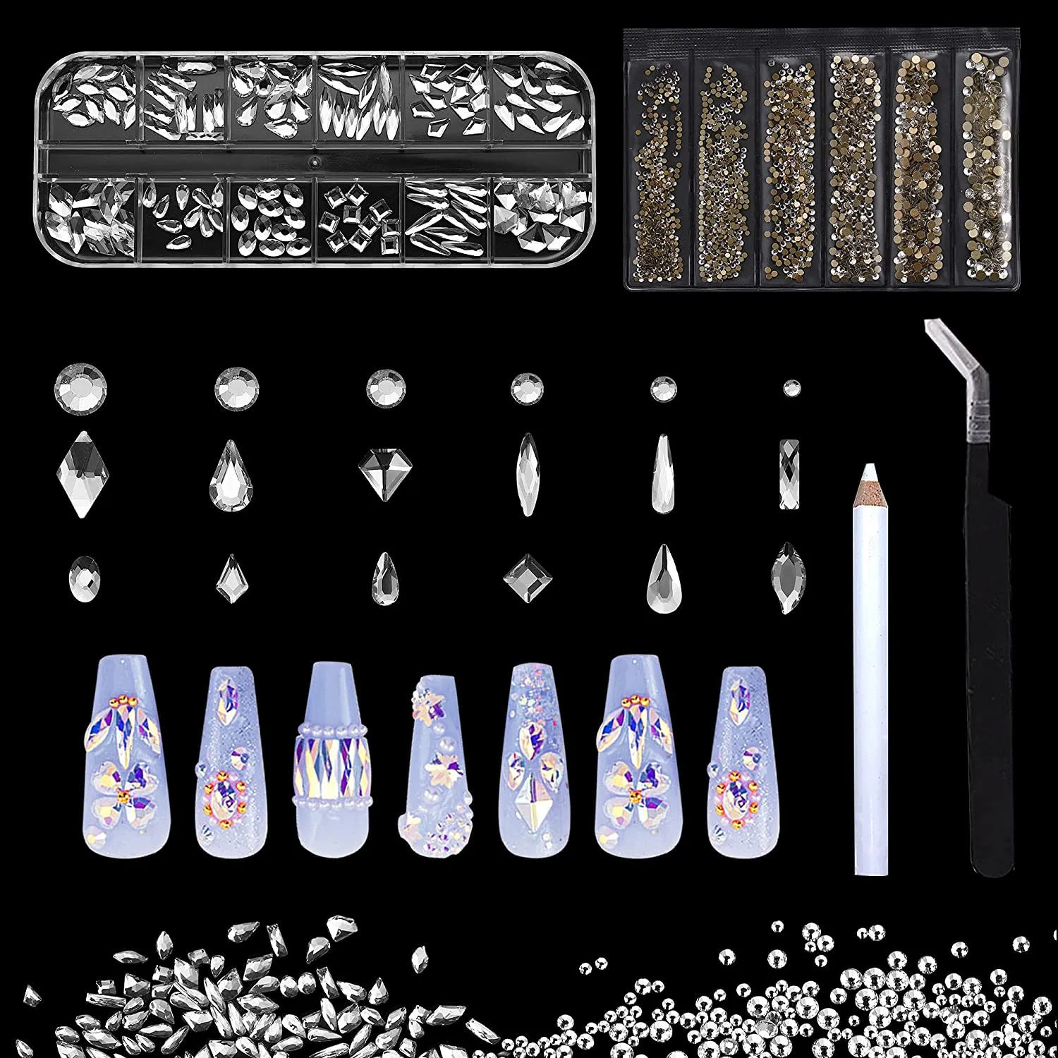 1848 pcs AB Crystal Nail Art Set 1728pcs Rhinestones Nail Gems Iridescent Clear Class,120pcs Multi-Shape Flat Back Shiny Nail Jewels for Nail Art DIY Crafts