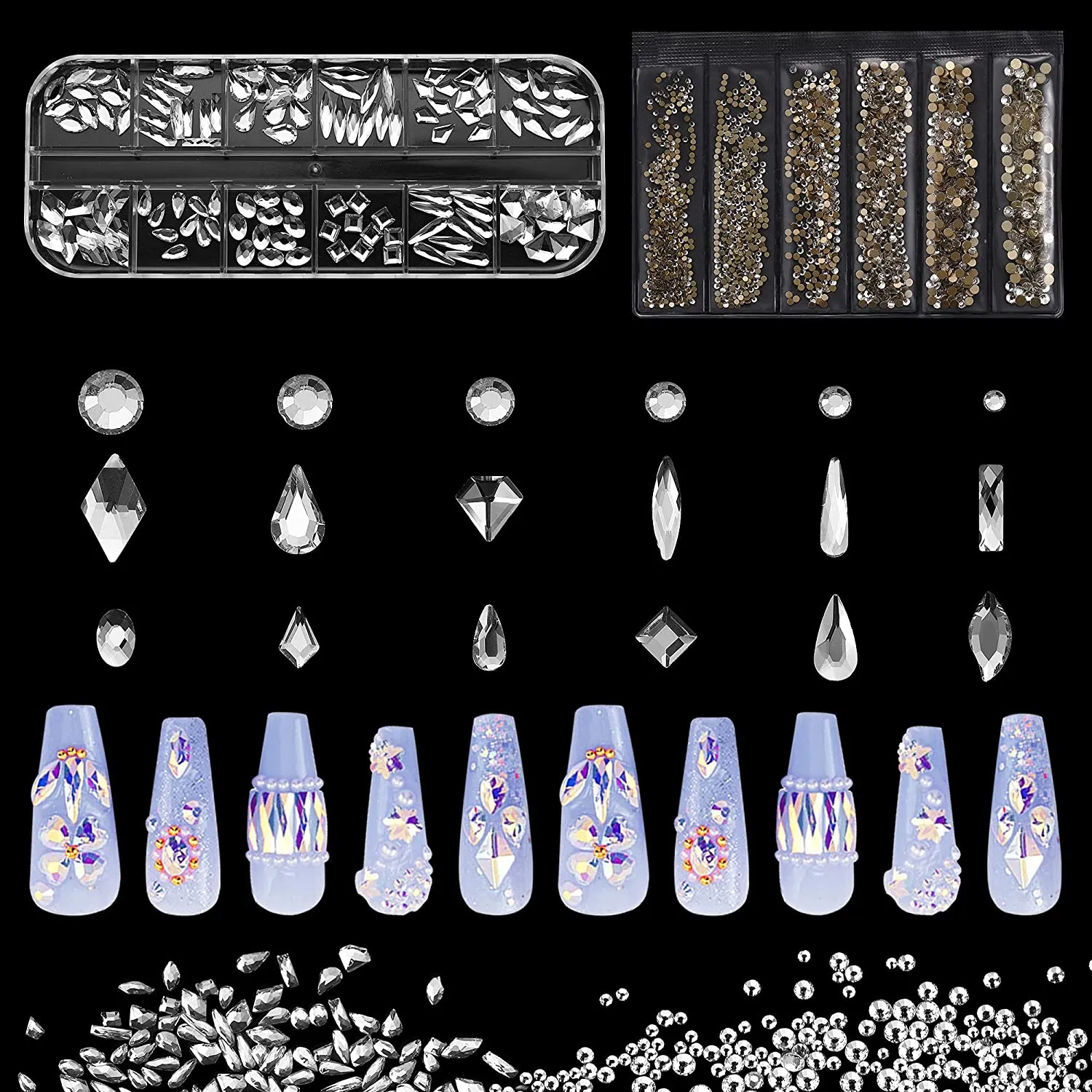1848 pcs AB Crystal Nail Art Set 1728pcs Rhinestones Nail Gems Iridescent Clear Class,120pcs Multi-Shape Flat Back Shiny Nail Jewels for Nail Art DIY Crafts