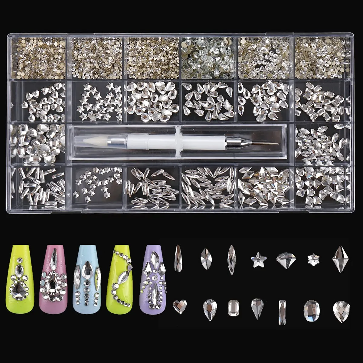 1848 pcs AB Crystal Nail Art Set 1728pcs Rhinestones Nail Gems Iridescent Clear Class,120pcs Multi-Shape Flat Back Shiny Nail Jewels for Nail Art DIY Crafts