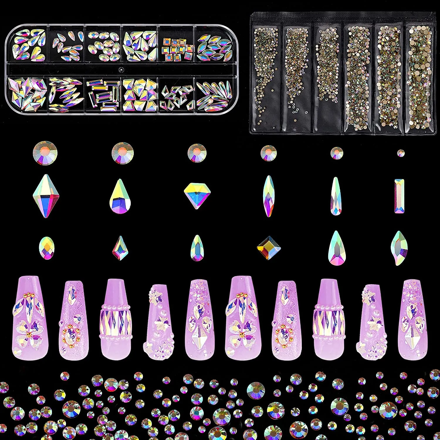 1848 pcs AB Crystal Nail Art Set 1728pcs Rhinestones Nail Gems Iridescent Clear Class,120pcs Multi-Shape Flat Back Shiny Nail Jewels for Nail Art DIY Crafts