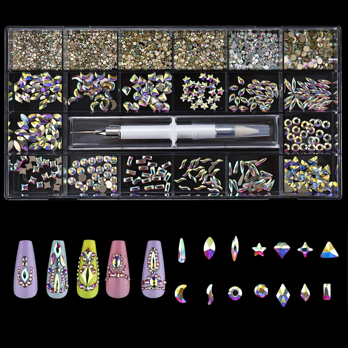 1848 pcs AB Crystal Nail Art Set 1728pcs Rhinestones Nail Gems Iridescent Clear Class,120pcs Multi-Shape Flat Back Shiny Nail Jewels for Nail Art DIY Crafts