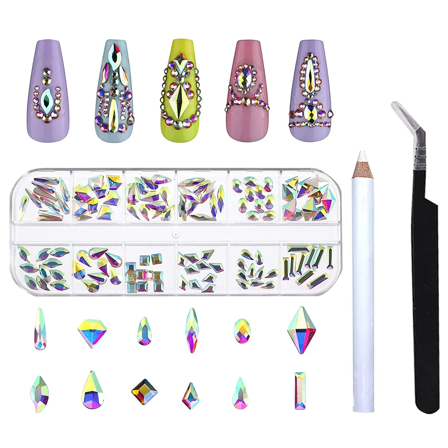 1848 pcs AB Crystal Nail Art Set 1728pcs Rhinestones Nail Gems Iridescent Clear Class,120pcs Multi-Shape Flat Back Shiny Nail Jewels for Nail Art DIY Crafts