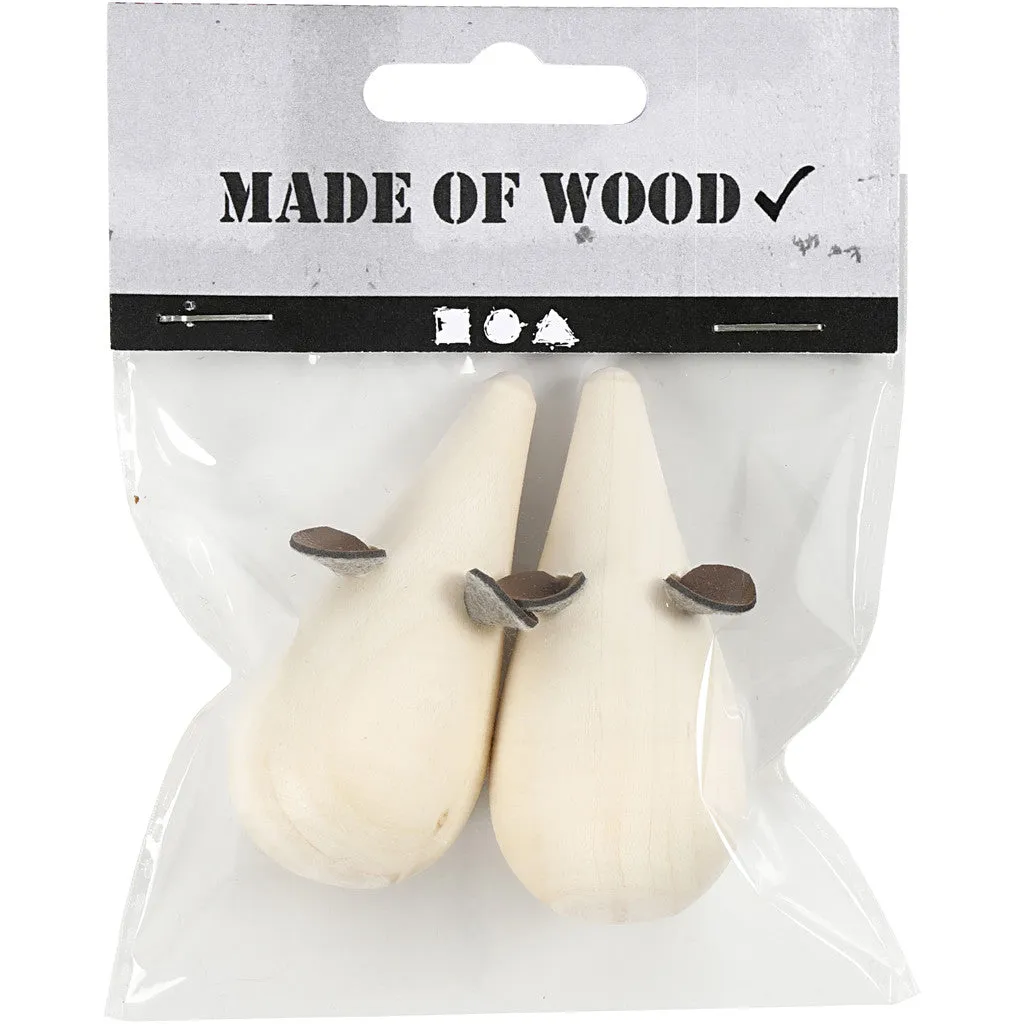 2 x Poplar Wood Mouse With Flat Bottom Decoration Crafts L: 6.5 cm D: 3.5 cm