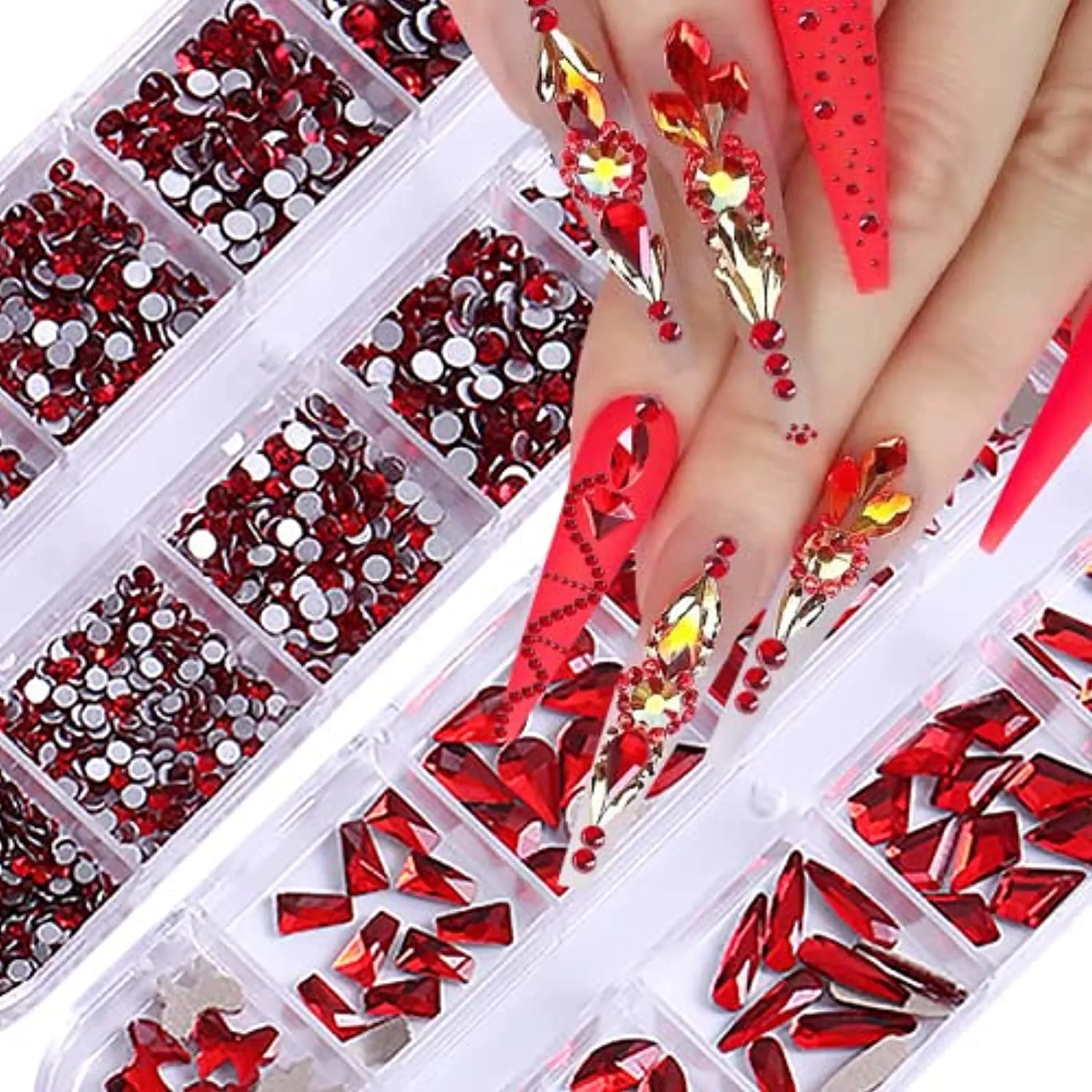 3120Pcs Professional Nail Art Rhinestones Kit for Nail, HOINCO Red Rhinestones for Nails, Crystal Multi Shape Diamond Nails Light Siam Flat Back Gemstones for Nail Art DIY Crafts with Tweezers and Pen