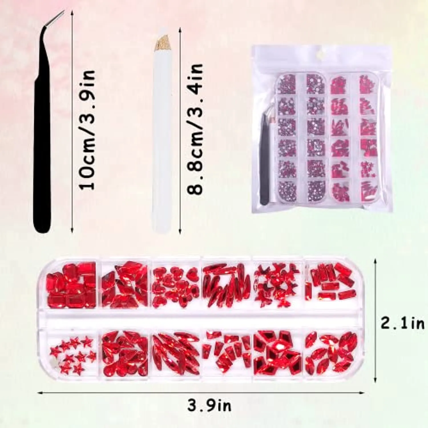 3120Pcs Professional Nail Art Rhinestones Kit for Nail, HOINCO Red Rhinestones for Nails, Crystal Multi Shape Diamond Nails Light Siam Flat Back Gemstones for Nail Art DIY Crafts with Tweezers and Pen
