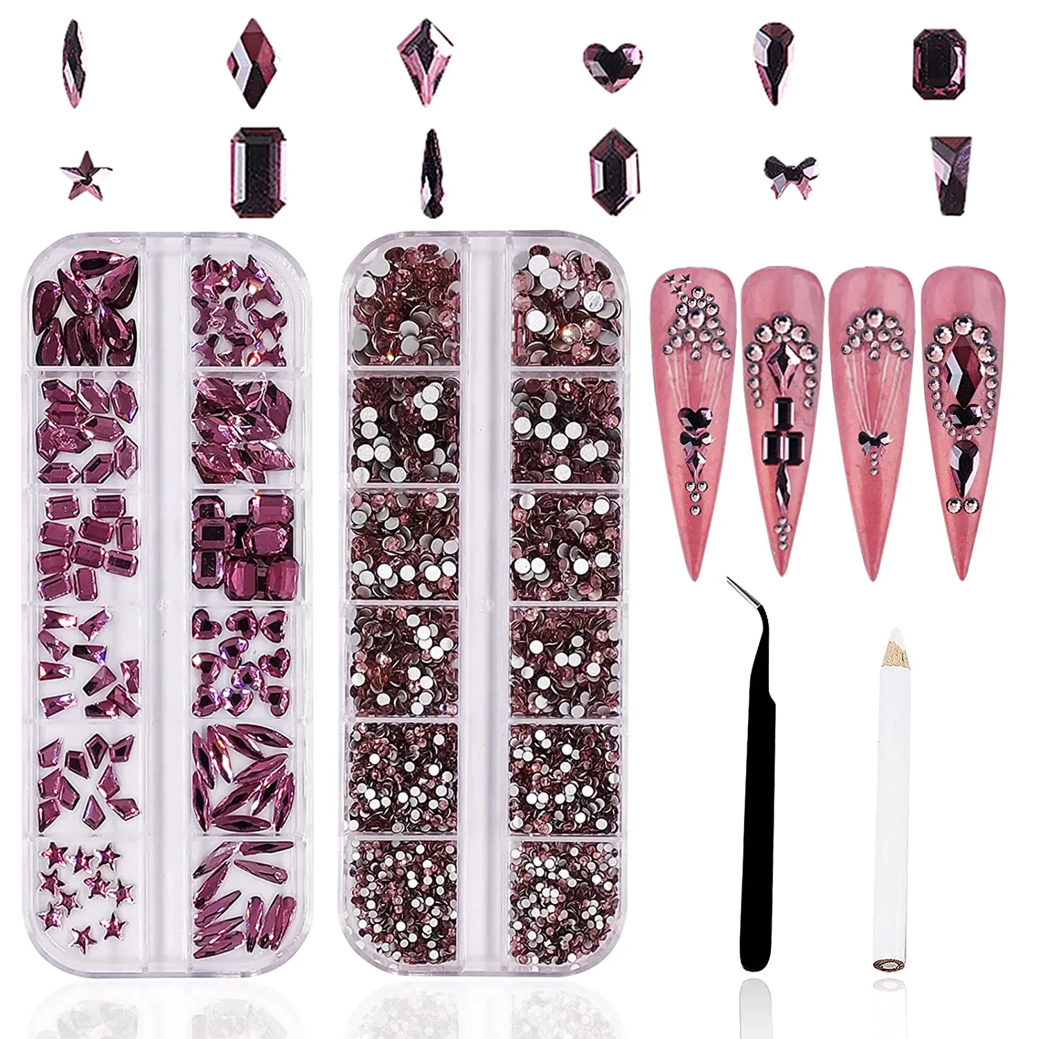 3120Pcs Professional Nail Art Rhinestones Kit for Nail, HOINCO Red Rhinestones for Nails, Crystal Multi Shape Diamond Nails Light Siam Flat Back Gemstones for Nail Art DIY Crafts with Tweezers and Pen