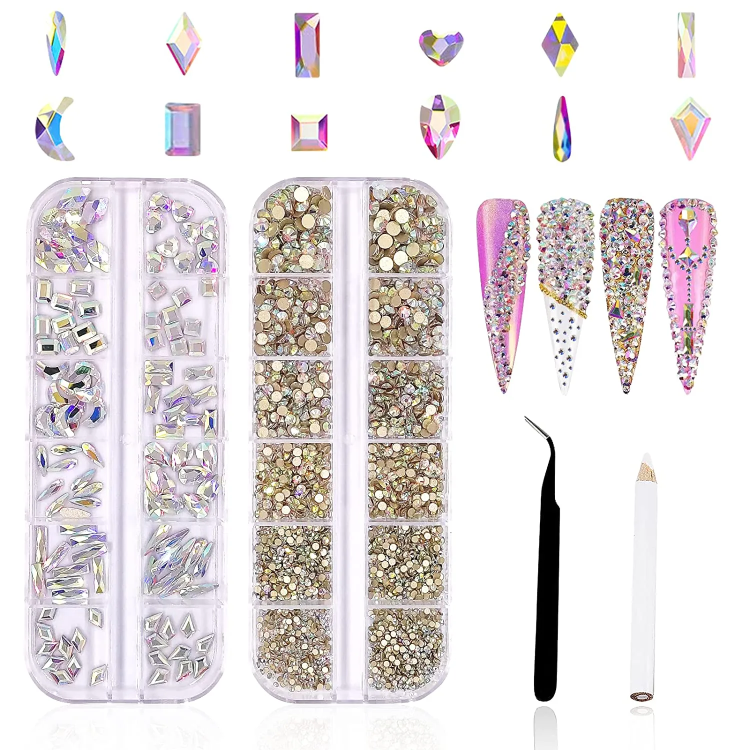 3120Pcs Professional Nail Art Rhinestones Kit for Nail, HOINCO Red Rhinestones for Nails, Crystal Multi Shape Diamond Nails Light Siam Flat Back Gemstones for Nail Art DIY Crafts with Tweezers and Pen