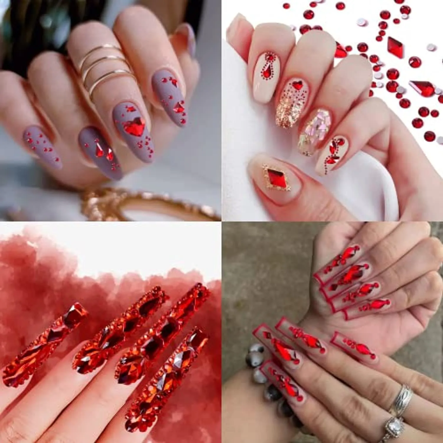 3120Pcs Professional Nail Art Rhinestones Kit for Nail, HOINCO Red Rhinestones for Nails, Crystal Multi Shape Diamond Nails Light Siam Flat Back Gemstones for Nail Art DIY Crafts with Tweezers and Pen
