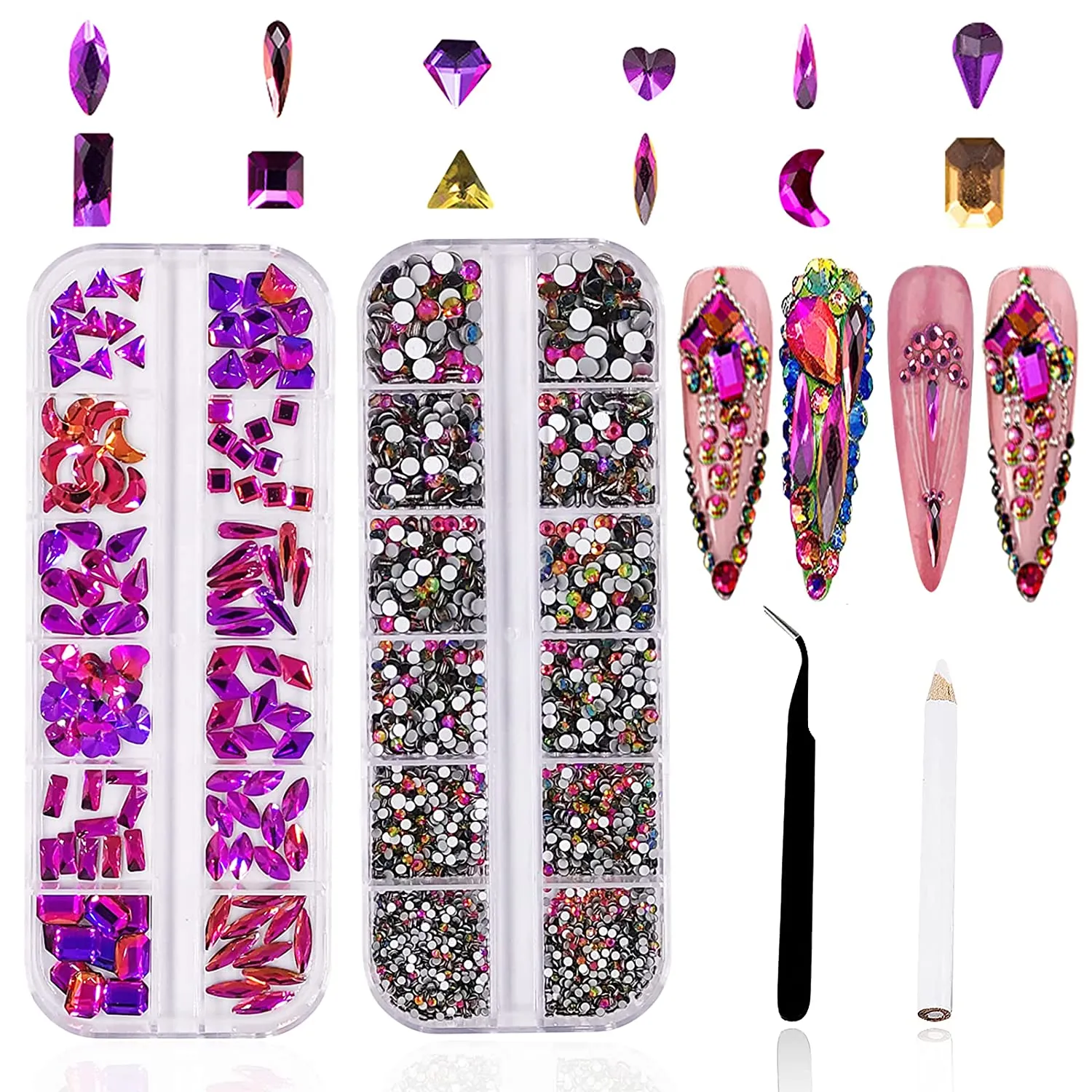 3120Pcs Professional Nail Art Rhinestones Kit for Nail, HOINCO Red Rhinestones for Nails, Crystal Multi Shape Diamond Nails Light Siam Flat Back Gemstones for Nail Art DIY Crafts with Tweezers and Pen