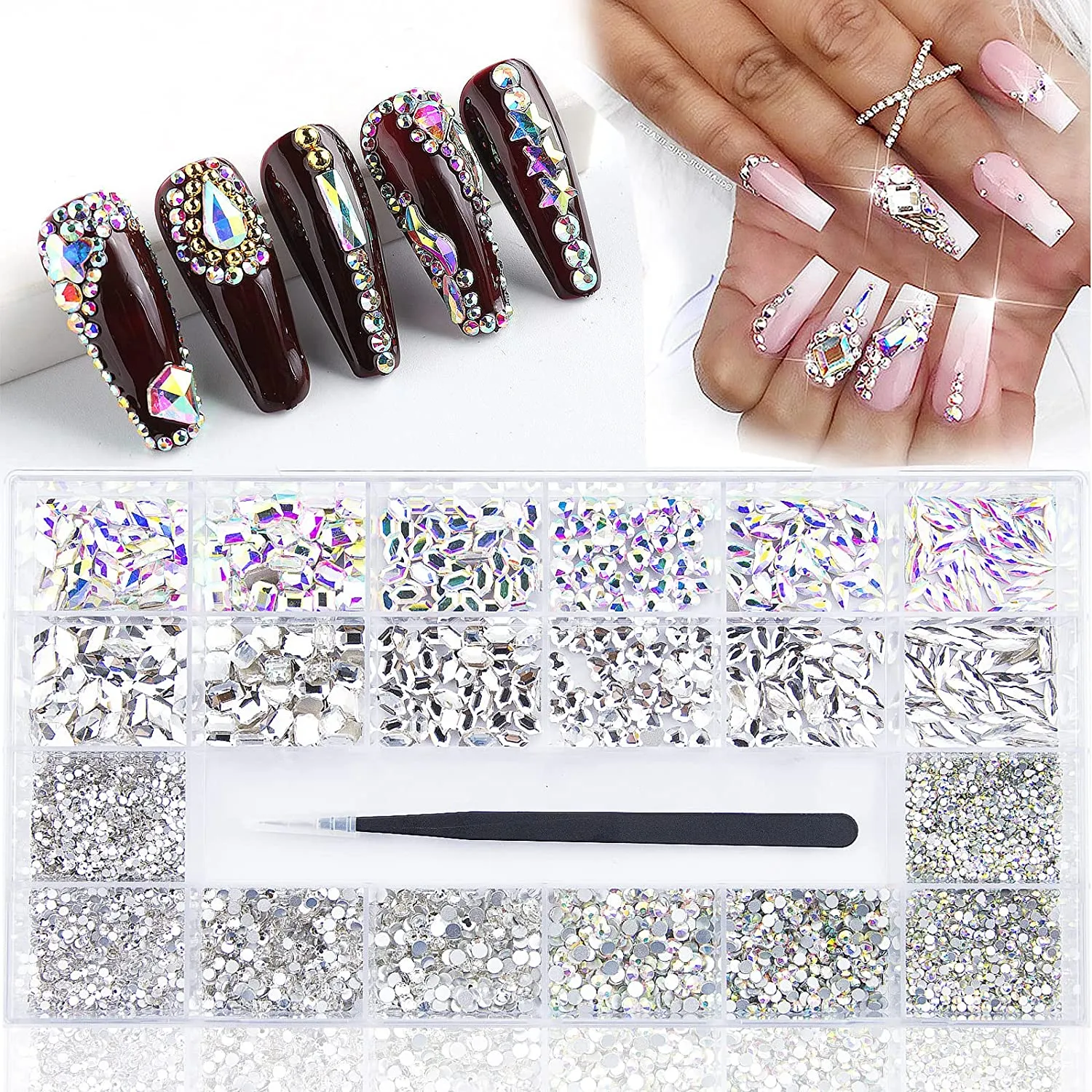 3800Pcs Red Blue Green AB Champagne Gold Black Pink Yellow Multi Shaped Big Nail Rhinestones Crystals Mix Colored Multi Sized Nail Round Beads Glass Gems Rhinestones for Nail DIY Crafts Jewelry