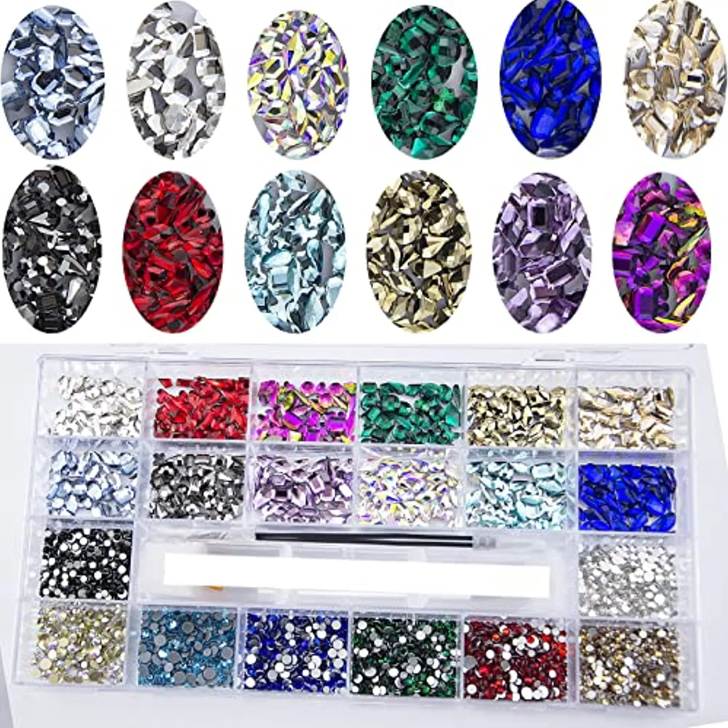 3800Pcs Red Blue Green AB Champagne Gold Black Pink Yellow Multi Shaped Big Nail Rhinestones Crystals Mix Colored Multi Sized Nail Round Beads Glass Gems Rhinestones for Nail DIY Crafts Jewelry