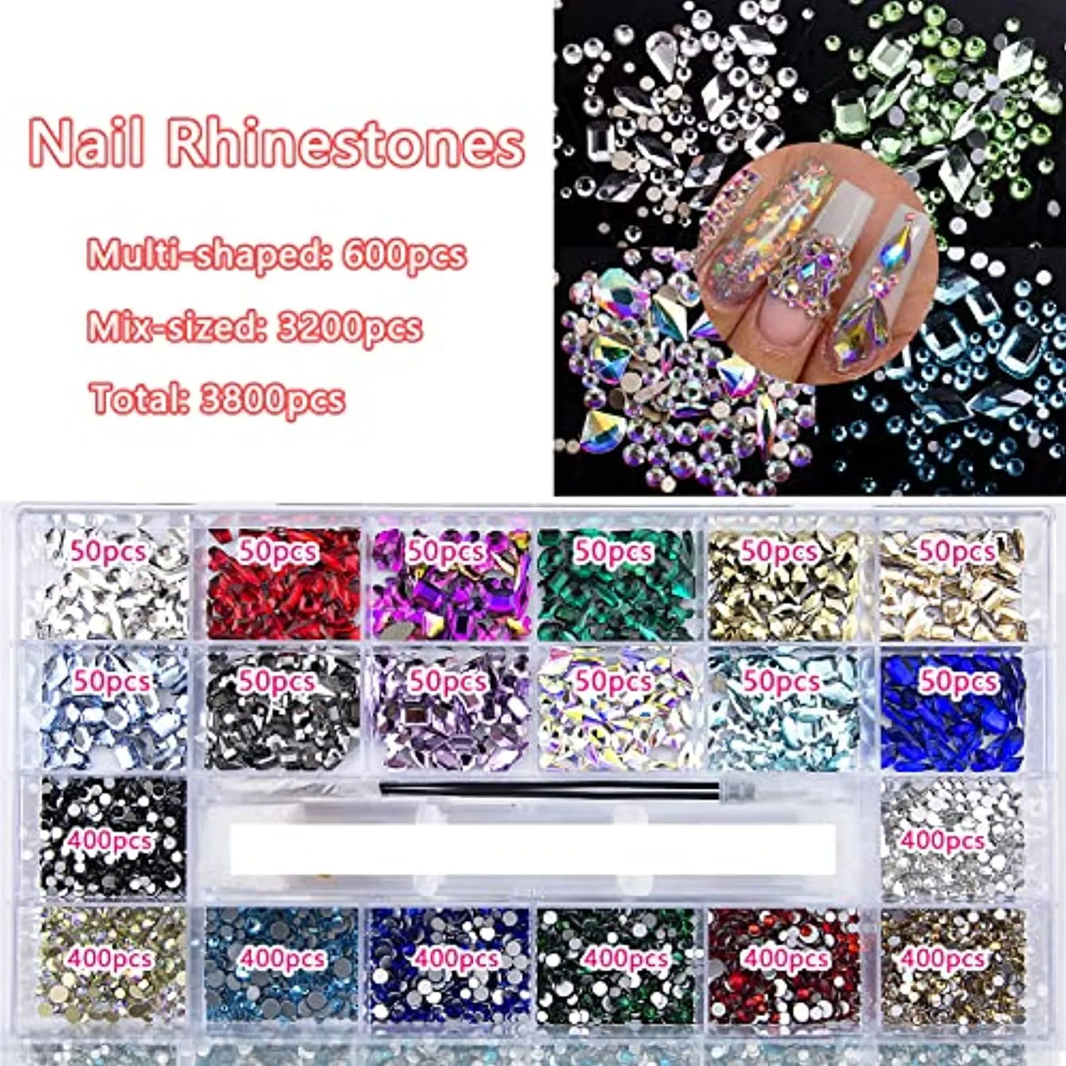 3800Pcs Red Blue Green AB Champagne Gold Black Pink Yellow Multi Shaped Big Nail Rhinestones Crystals Mix Colored Multi Sized Nail Round Beads Glass Gems Rhinestones for Nail DIY Crafts Jewelry