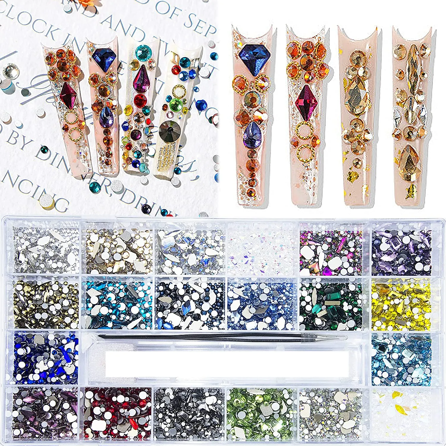 3800Pcs Red Blue Green AB Champagne Gold Black Pink Yellow Multi Shaped Big Nail Rhinestones Crystals Mix Colored Multi Sized Nail Round Beads Glass Gems Rhinestones for Nail DIY Crafts Jewelry