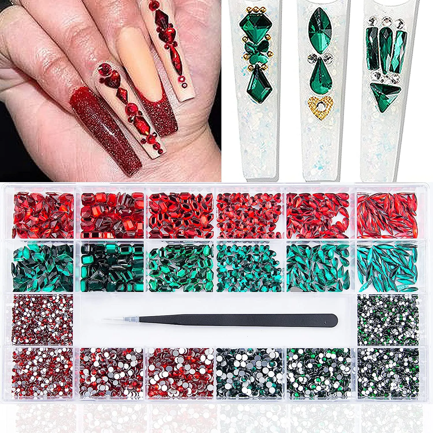 3800Pcs Red Blue Green AB Champagne Gold Black Pink Yellow Multi Shaped Big Nail Rhinestones Crystals Mix Colored Multi Sized Nail Round Beads Glass Gems Rhinestones for Nail DIY Crafts Jewelry