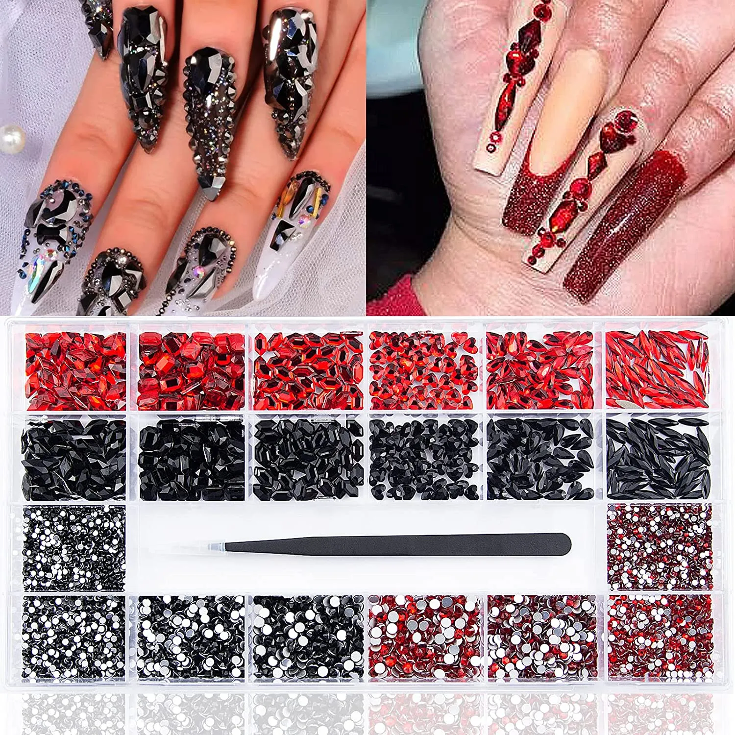 3800Pcs Red Blue Green AB Champagne Gold Black Pink Yellow Multi Shaped Big Nail Rhinestones Crystals Mix Colored Multi Sized Nail Round Beads Glass Gems Rhinestones for Nail DIY Crafts Jewelry