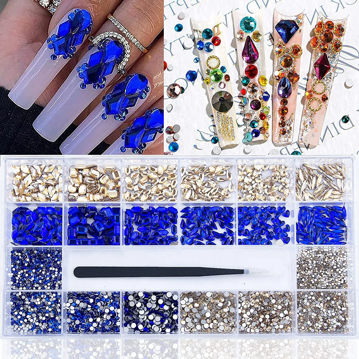 3800Pcs Red Blue Green AB Champagne Gold Black Pink Yellow Multi Shaped Big Nail Rhinestones Crystals Mix Colored Multi Sized Nail Round Beads Glass Gems Rhinestones for Nail DIY Crafts Jewelry