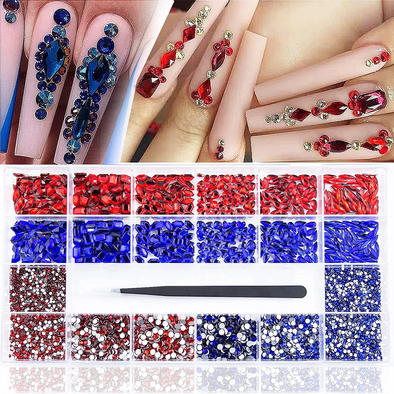 3800Pcs Red Blue Green AB Champagne Gold Black Pink Yellow Multi Shaped Big Nail Rhinestones Crystals Mix Colored Multi Sized Nail Round Beads Glass Gems Rhinestones for Nail DIY Crafts Jewelry